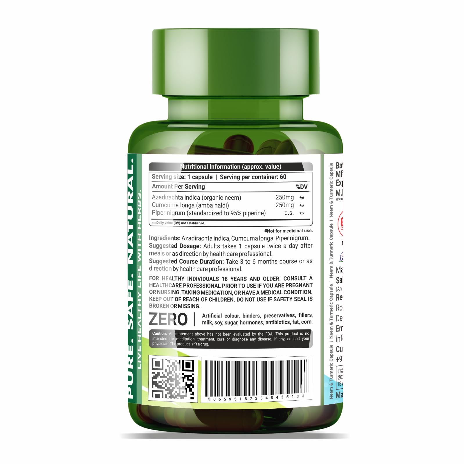 Neem & Turmeric Capsule with Black Pepper | Antioxidant Support, Joint & Immune Support, Skin Wellness | Non GMO, Gluten Free, Zero Fillers | 500mg - 60 Capsule — Amazon image 8