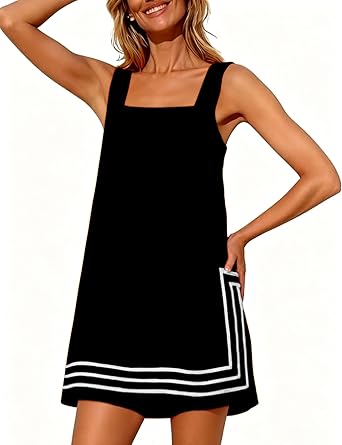 Womens Boho A-Line Mini Dress Square Neck Sleeveless Shift Sundress Contrast Trim Beach Resort Coverups with Pockets