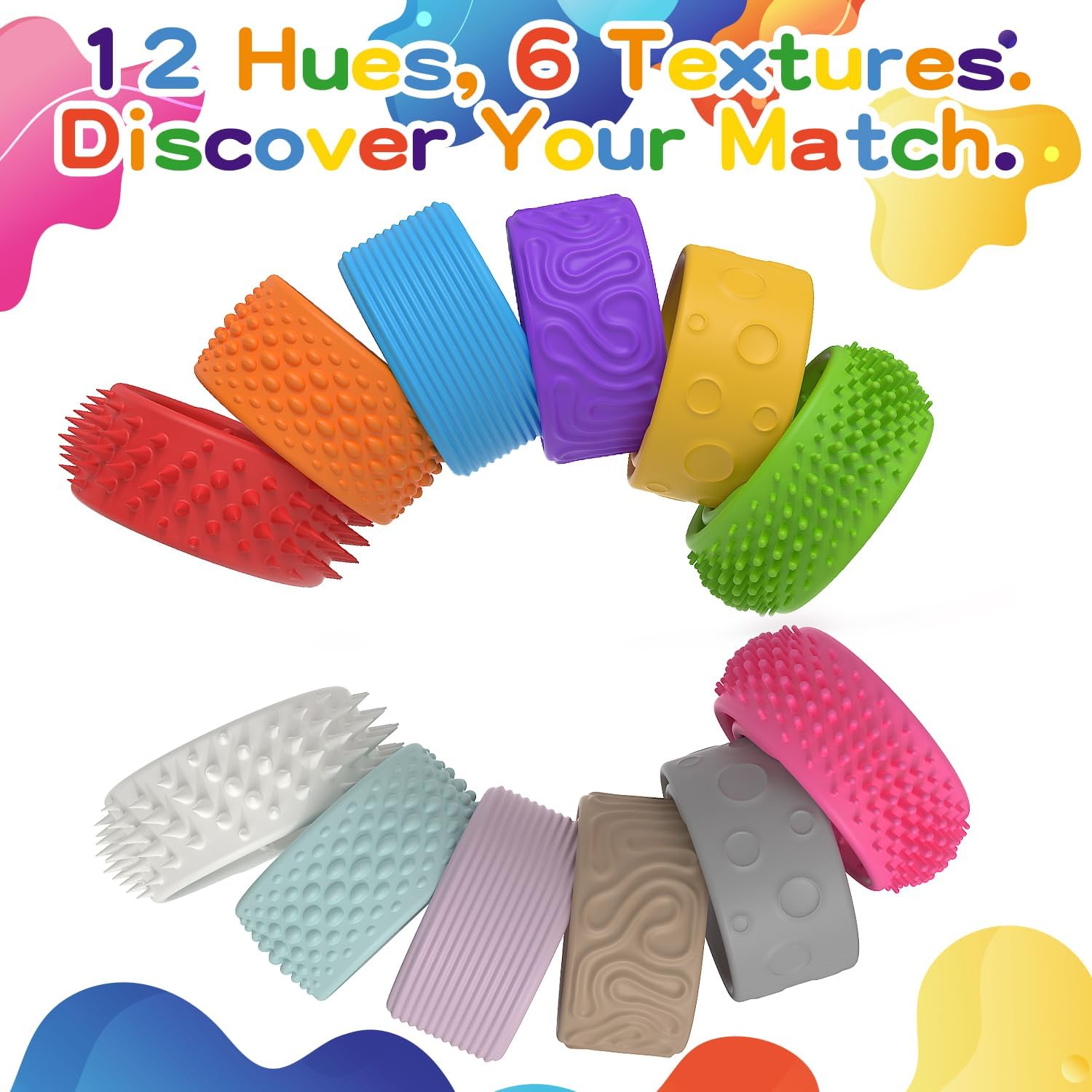 12 Pack Textured Silicone Sensory Slap Bracelets for Kids, Sensory Stress Fidget Toys for Anxiety Autism ADHD, Adults Office Desk, Travel, Airplane, Classroom.(12 Colors)