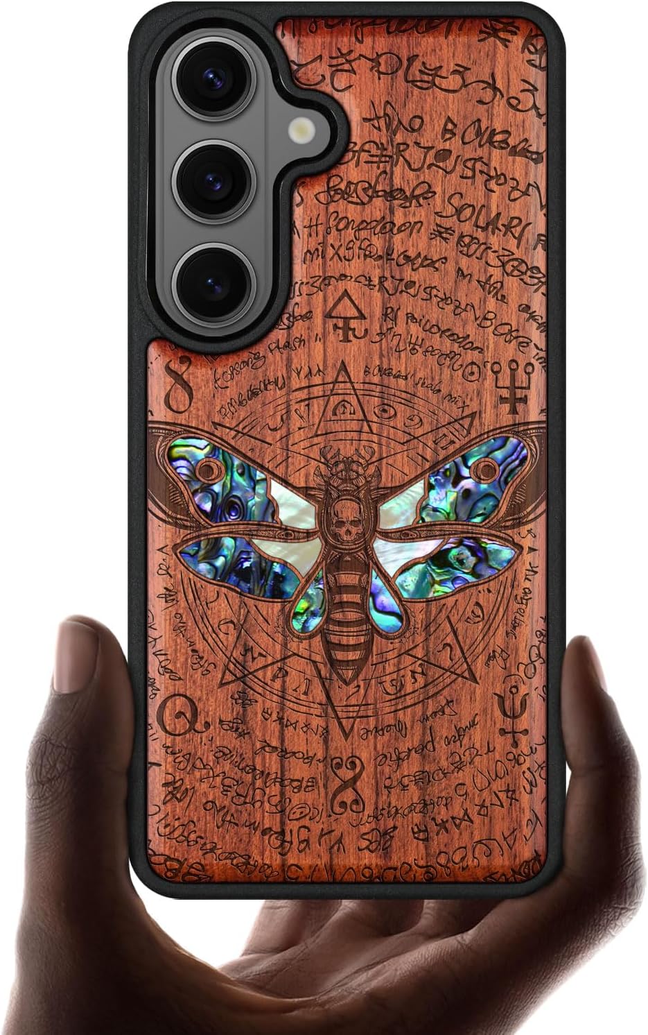 Carveit Magnetic Wooden Case for Samsung Galaxy S26 Case, Wood Artisan Engraved & Handmade Shell Inlaid, Compatible with MagSafe Wireless Chargers (Death's Head Moth) Rosy