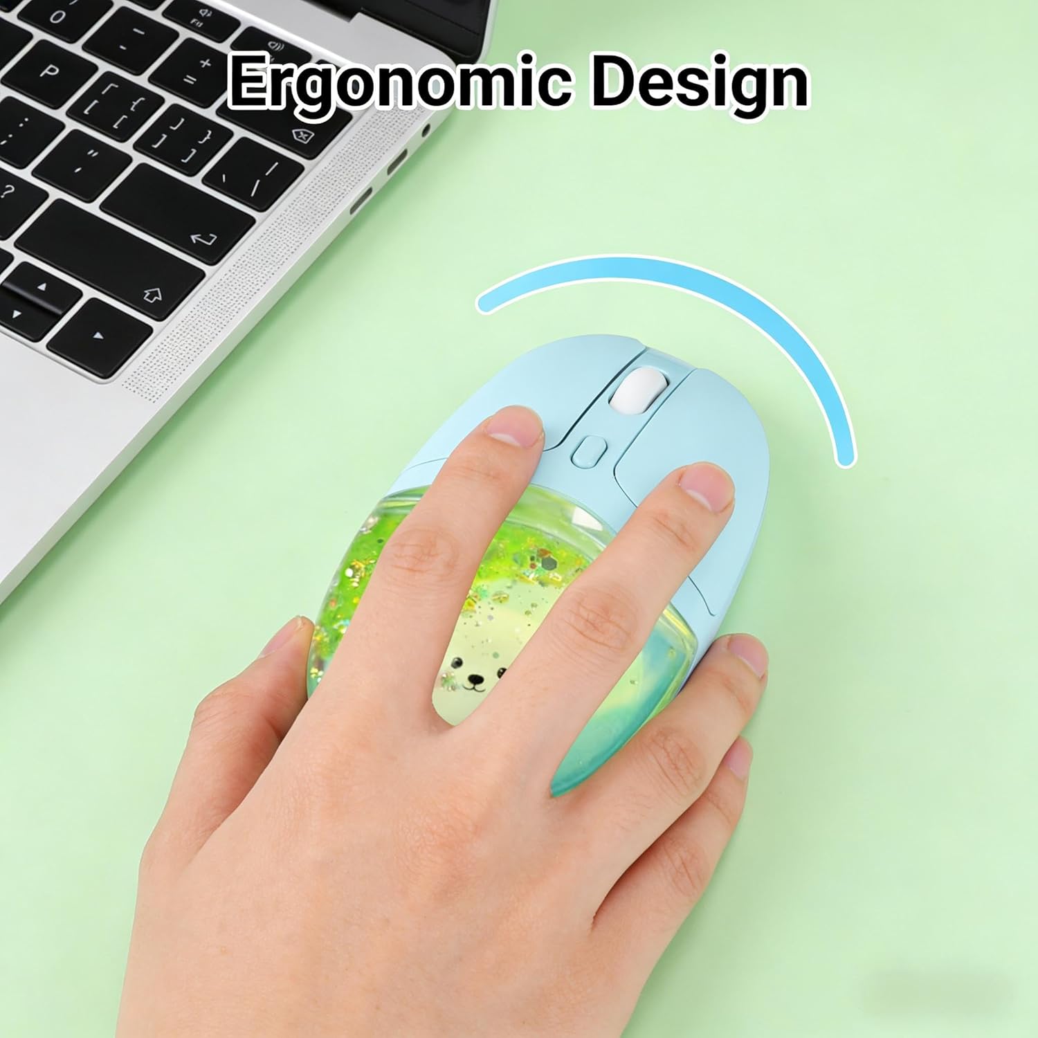 Aqua Mouse, Clear Water Glitter Animal Design Wireless Bluetooth Mouse, Green Multi-Mode, 4000 DPI Adjustable, RGB Light Portable Rechargeable Mouse for Laptop PC Office Home