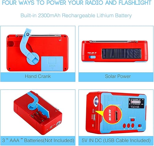 Miniatura 3 de Radio de emergencia y reproductor de MP3 manivela solar alimentado AMFMNOAA Alert Weather Channel con linterna LED gran banco de energía 2300mAh