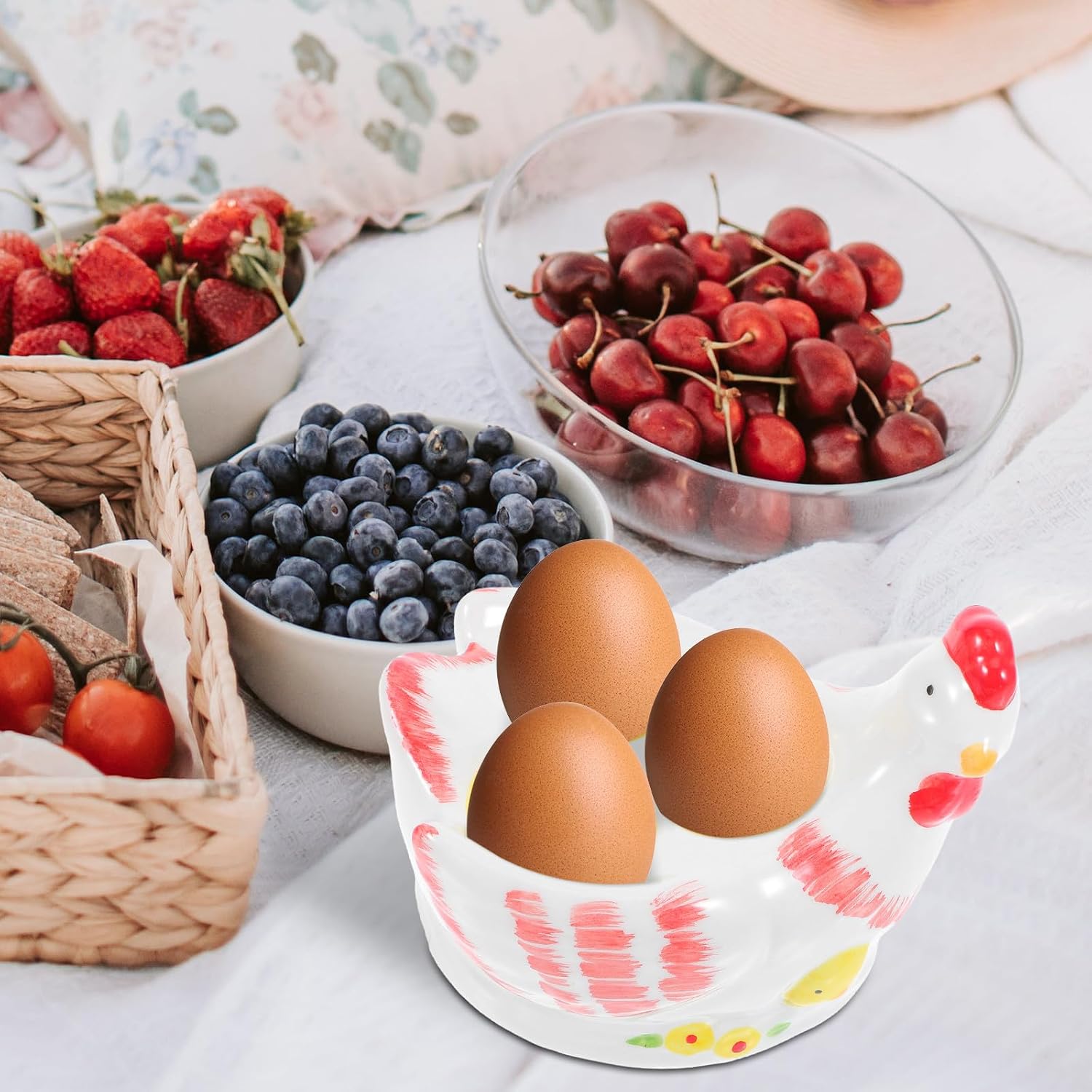 PRETYZOOM Ceramic Rooster Shaped Egg Holder Vintage Crackle Glaze 3-compartment Yellow Egg Cup Tray for Kitchen Breakfast Tabletop Storage