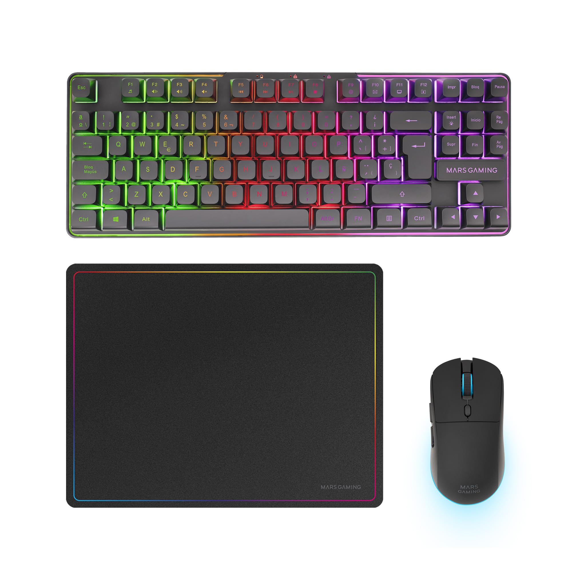 Mars Gaming MCPWTKL, Combo Gaming Inalámbrico, Tecnología DualPro Link 2.4GPRO, Teclado TKL FRGB Rainbow + Ratón RGB 3200DPI y Switches HUANO + Alfombrilla Antideslizante 360x260mm, Negro, Español