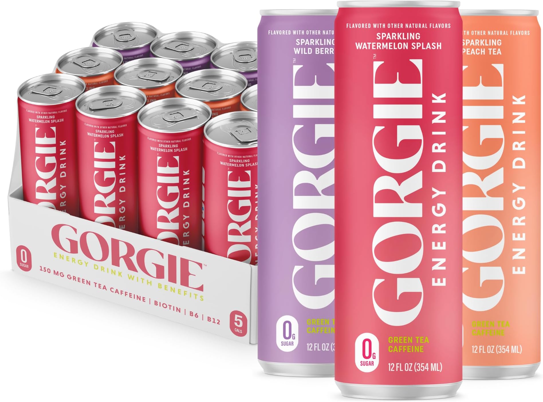 GORGIE Original Variety Sugar Free Natural Energy Drink Bubbly Healthy Energy Drinks - Green Tea, Biotin, B Vitamins - 150mg Caffeine, Vegan & Low Calorie (Pack of 12)