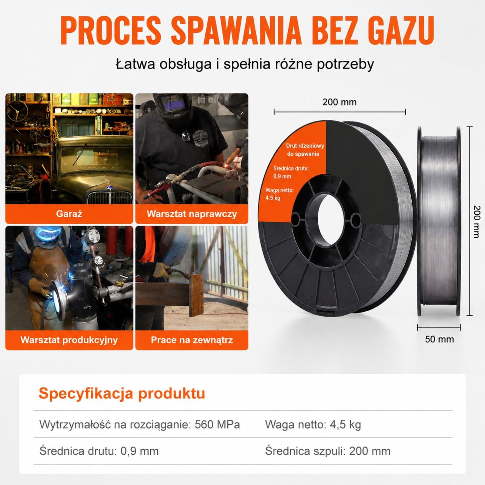 Drut proszkowy MIG, 1 rolka, 0,9 mm, 4,5 kg, szpula 200 mm do spawania MAG