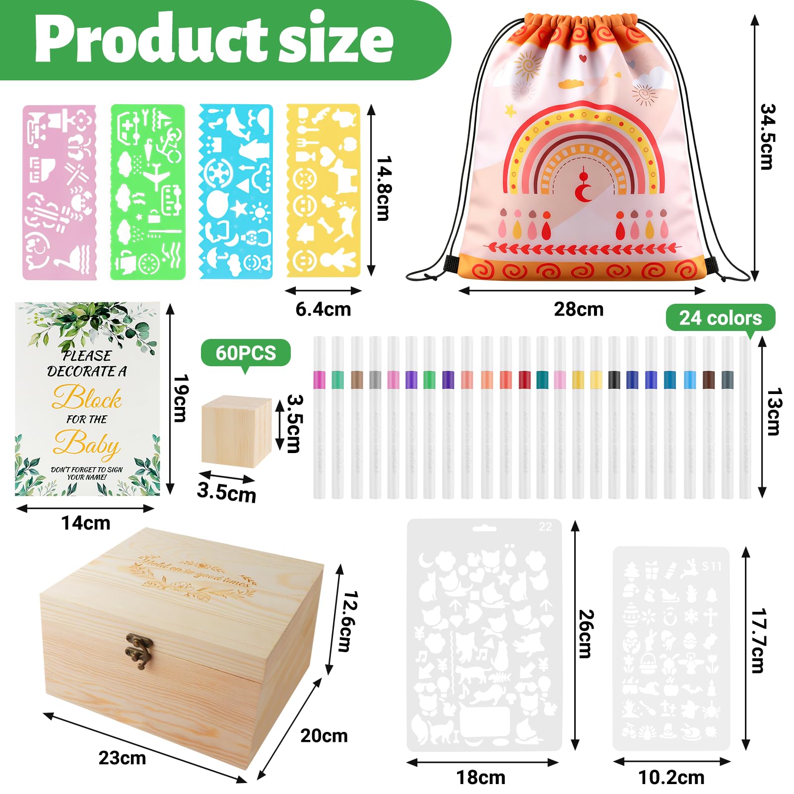 Juego de construcción de 93 piezas para baby shower con 60 cubos de madera para pintar + 24 lápices acrílicos + 6 plantillas + cartel de madera blanco + caja de madera baby shower