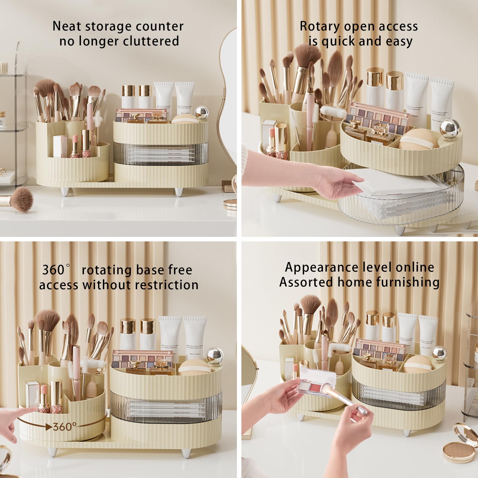 DASITON Make up Kosmetik Organizer,360° Drehbarer Make Up Pinsel Organizer,Großer Kapazität Kosmetik Aufbewahrung mit Schubladen,Schmink Organizer für Frisiertisch,Schlafzimmer,Badezimmer(Creme)
