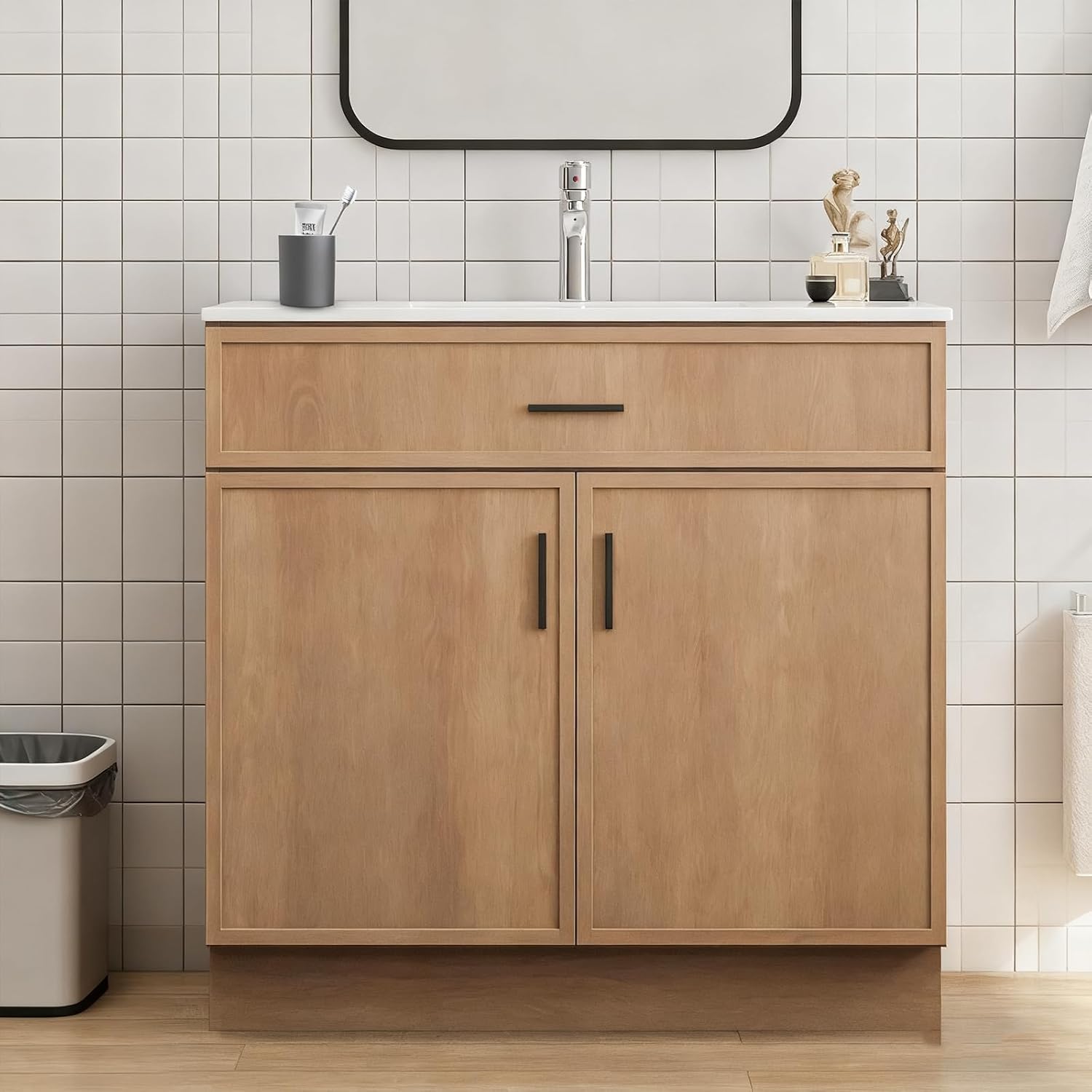 36 Inch Modern Bathroom Vanity with Sink, Natural wood color Freestanding Vanity for Floor Standing Storage and White Ceramic Basin (36")