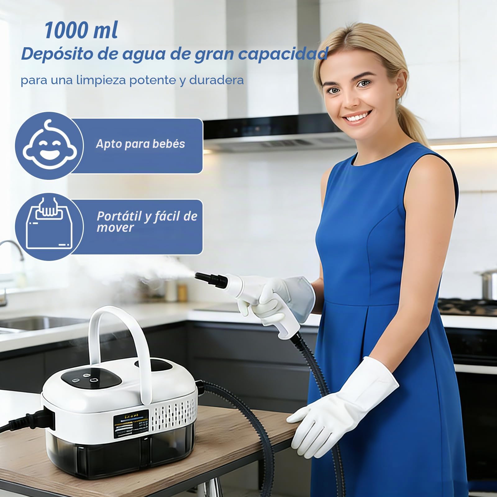 Limpiador a Vapor, 2500 W 3.0BAR Vaporeta Limpieza Hogar Potente con 3 Cabezales de Cepillo, Vaporeta Limpieza Hogar Portátil con Tanque Agua de 1000ml para Cocina Baño Azulejos y Coche