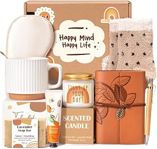 Suhctuptx 9-Pc Gift Basket for Women: Unique Birthday Thank You Gifts w/ Coffee Mug, Fuzzy Socks, Candle, Journal for Mom Teacher Friend