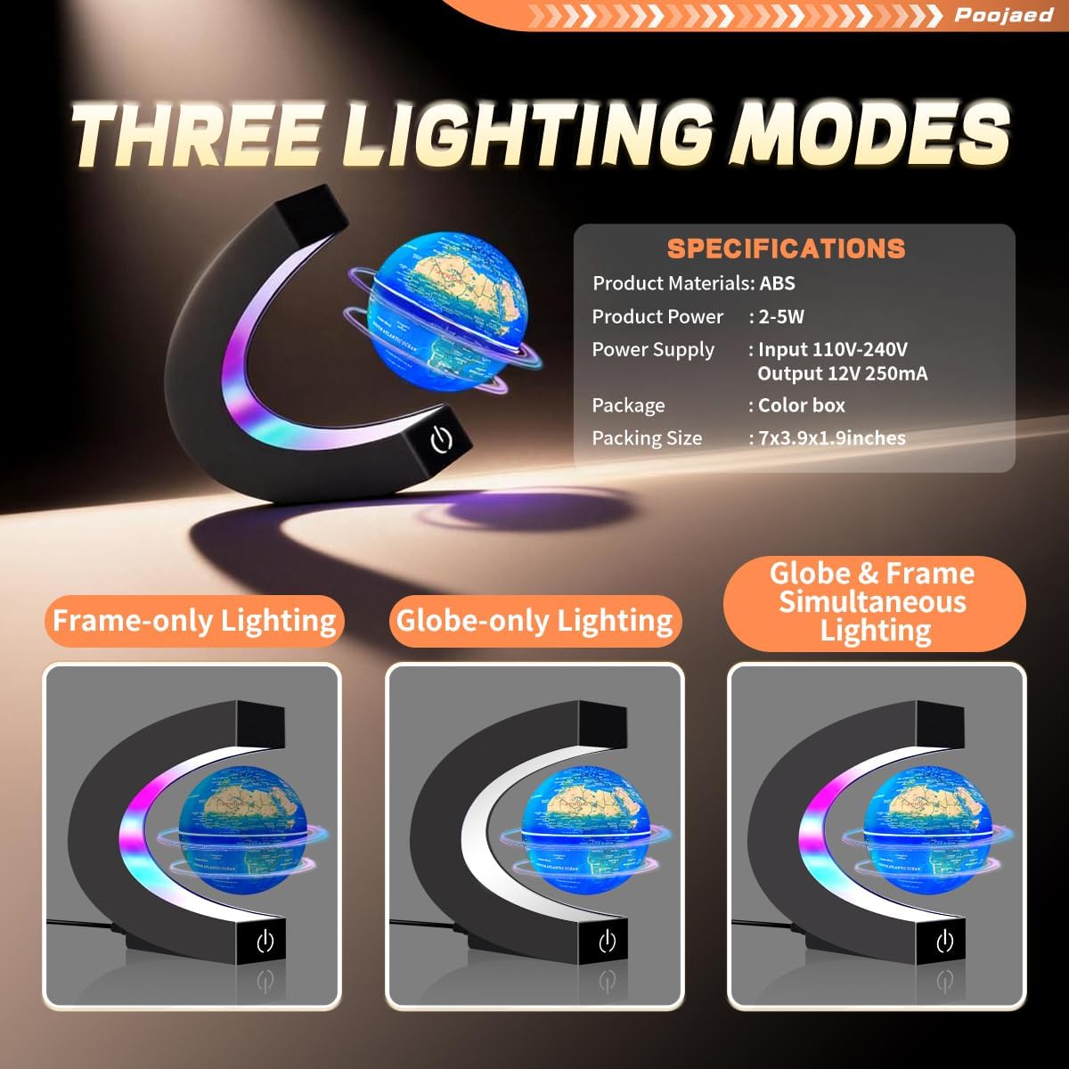 Magnetic Levitating Floating Globe with 7 Colored Lamp, World Globe for Men Father Boy Girl, Birthday Gifts Office Home Desk Toy Decor Display Frame, Cool Tech Gadgets Gifts