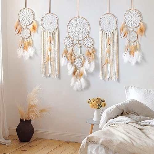 Miniatura 5 de LOMOHOO Paquete de 5 atrapasueños con diseño de luna y sol, decoración bohemia para colgar en la pared, hecha a mano, plumas tradicionales,