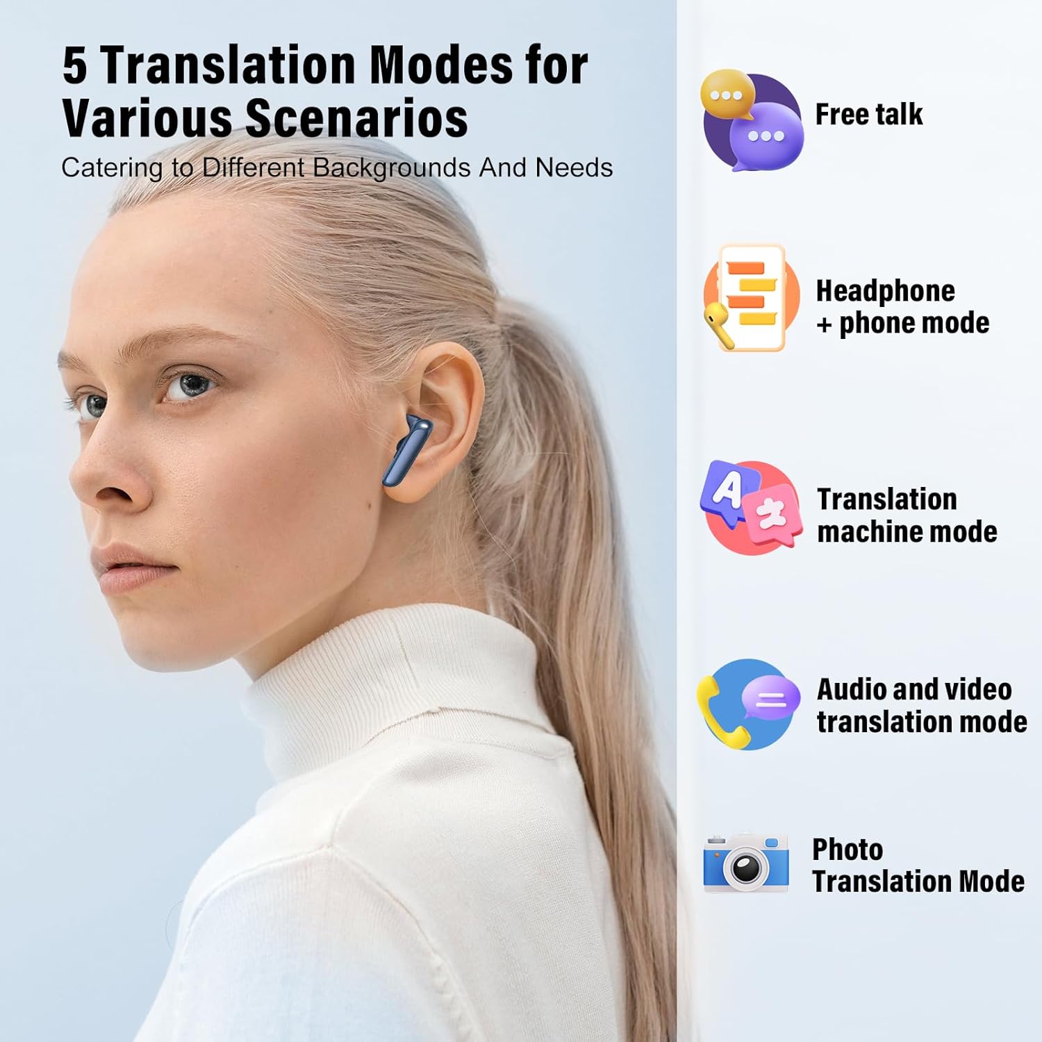 AI Language Translation Earbuds, 3-in-1 Translator Earbuds Real Time with 5 Translation Modes with APP, 164 Language Bluetooth 5.3 Headphones Translating Device for Travel/Business/Leaning, Dark Blue - Image 2