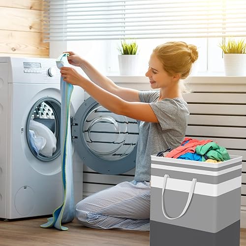Miniatura 6 de Cesta de lavandería de 1 unidad, cesta de lavandería de 75 L, bolsa de lavandería plegable con asa, organización y almacenamiento de ropa ligera,