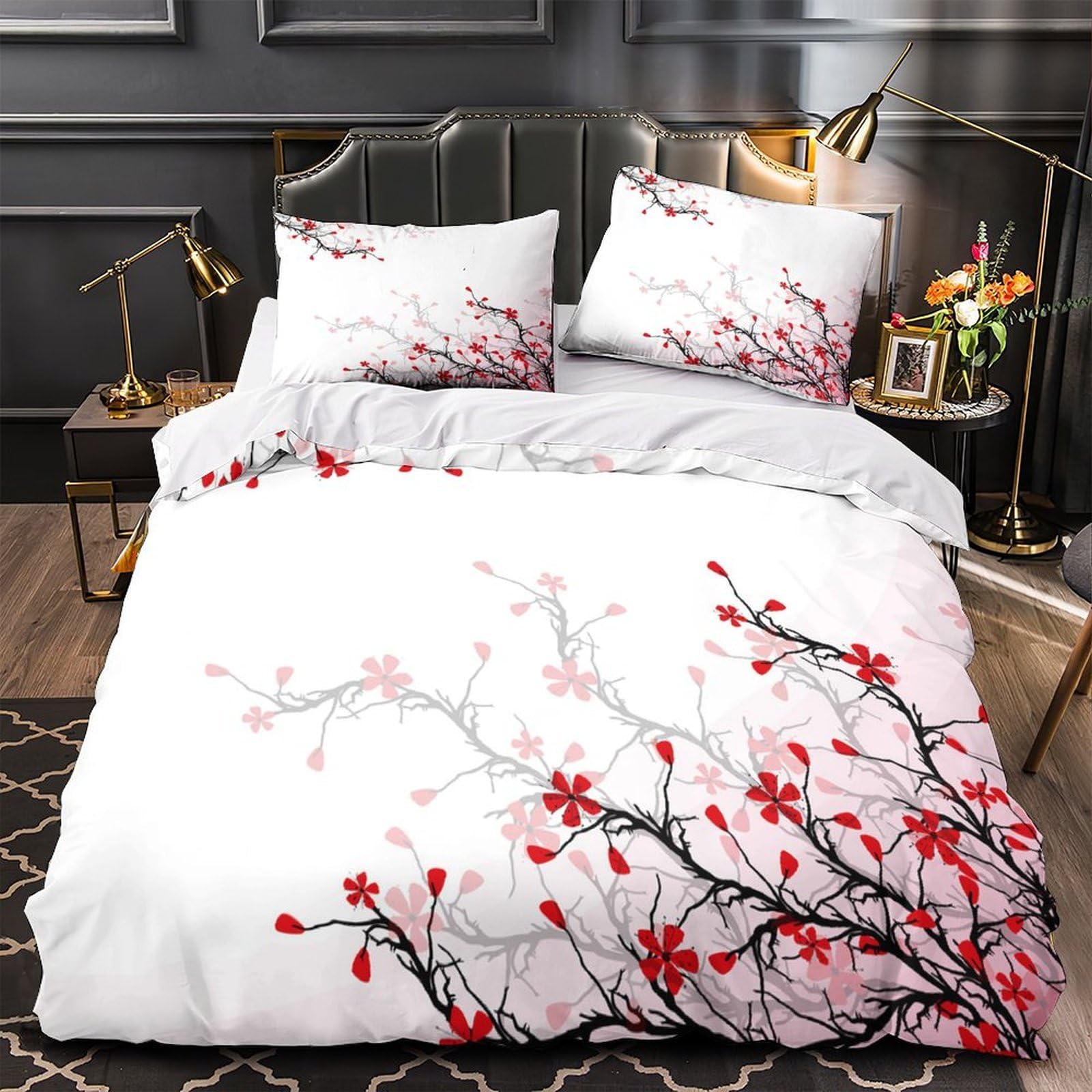 Housse de couette fleur de cerisier 3D en microfibre 140x200 cm pour lit une place de fille