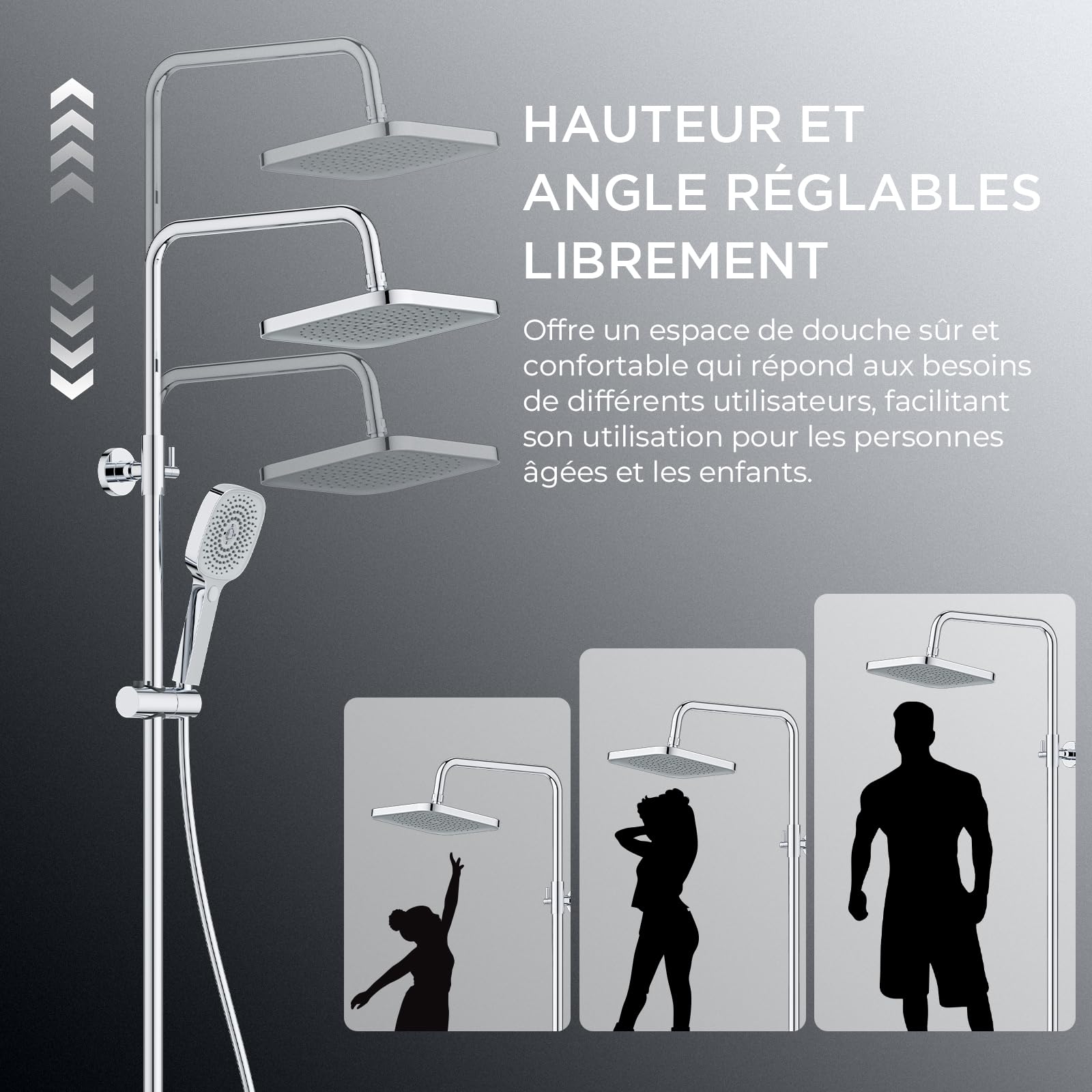 FORIOUS Colonne de douche avec mitigeur thermostatique, tige de douche réglable en acier inoxydable avec pomme de douche carrée de 25 cm et douche à main avec 3 types de jets