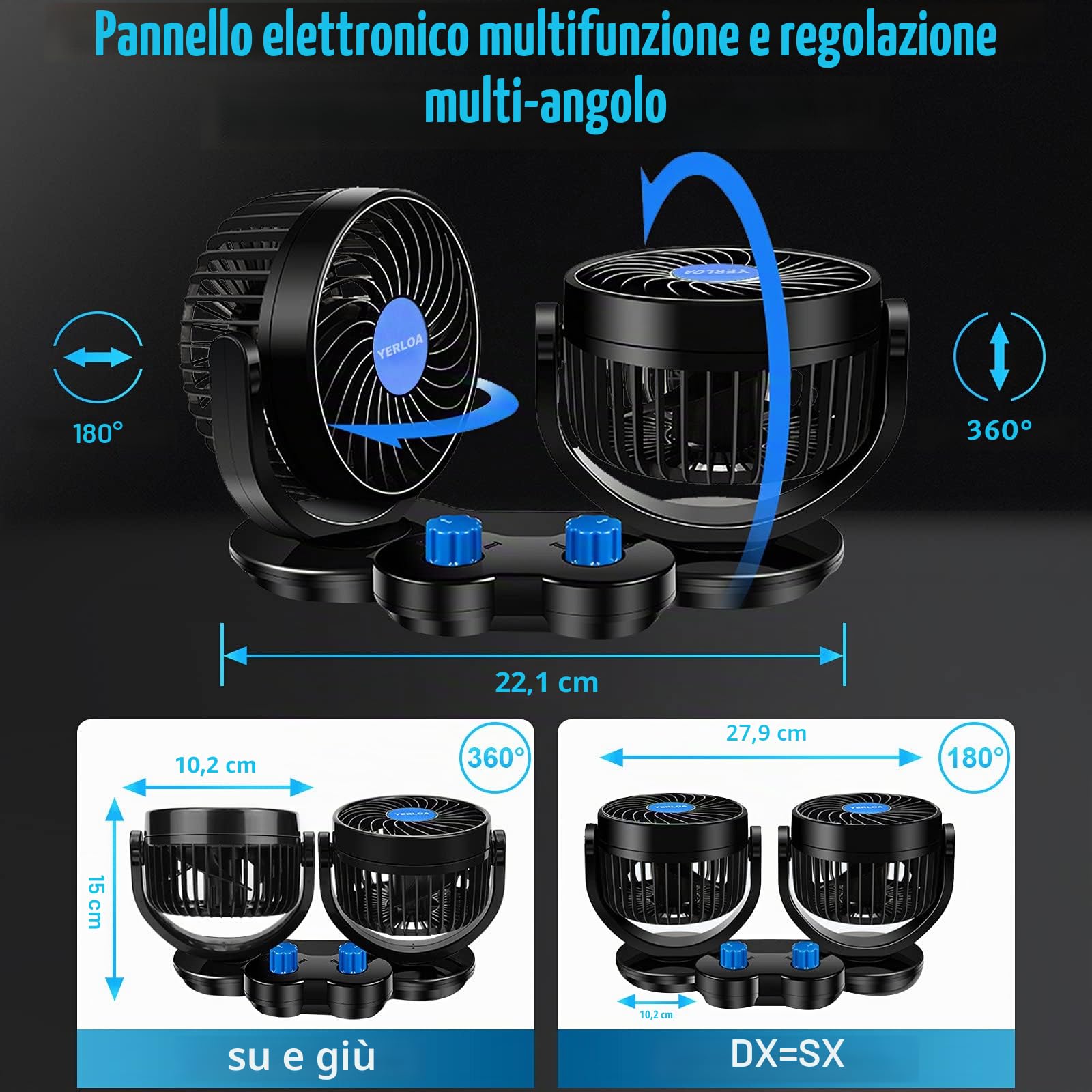 Yerloa Ventilatore Auto 12V a Doppia Testa Silenzioso 360° Raffreddamento per SUV Camper Barca RV