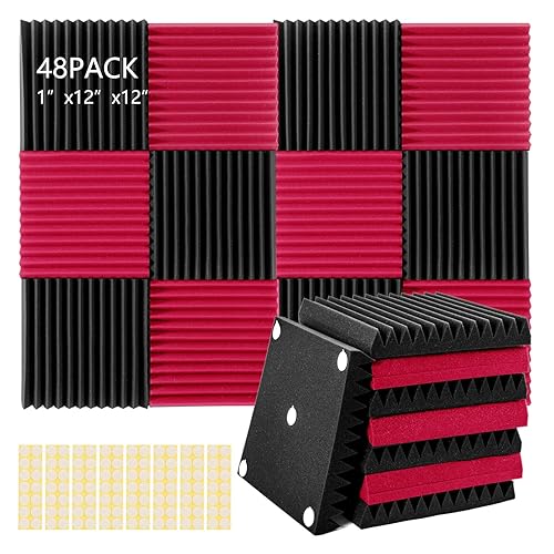 SUPPI 48Pack, 1" X 12" X 12" Acoustic Foam,Sound proof foam panels,Acoustic panels with high den-sity,Sound proofing padding for wall, Studio Soundproofing,Soundproof foam reduce noise echo(Black&Red) - 2.5cm - Black&red