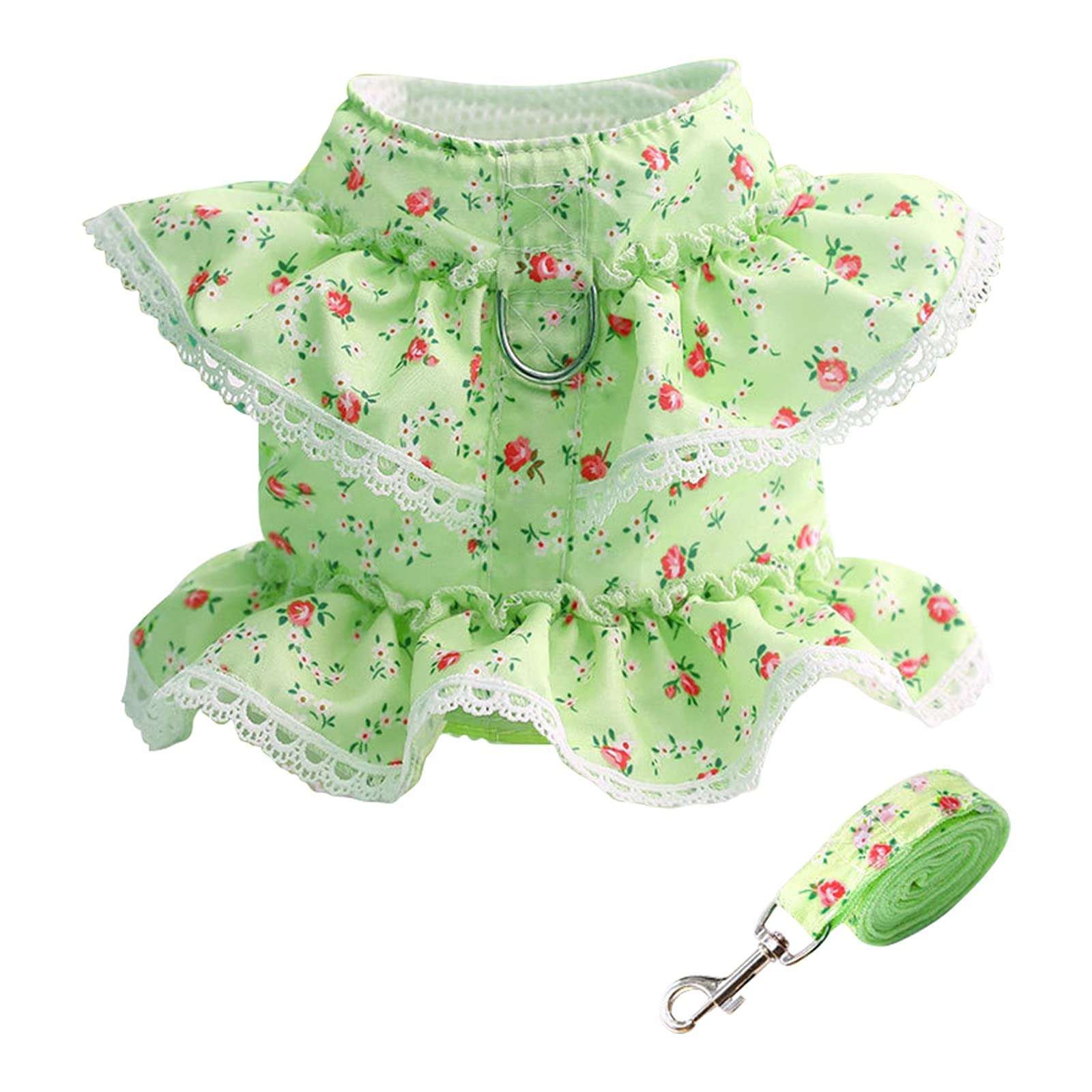 MAKINGTECDog Dress Harness Vest with Leash Set, Pet Flower Outfit Clothes Spring Summer, Cute Doggy Lace Princess Clothes Soft Breathable Mesh Outdoor Walking Harness for Small Medium Dogs(Medium)