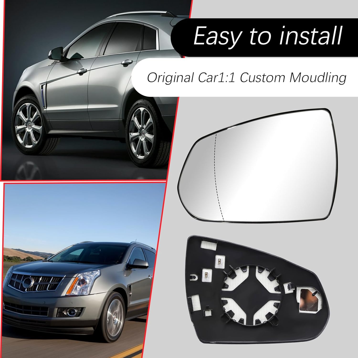 Left Driver Side Mirror Glass With Heated Compatible with 2010-2016 Cadillac SRX (Driver No-Blind Spot)