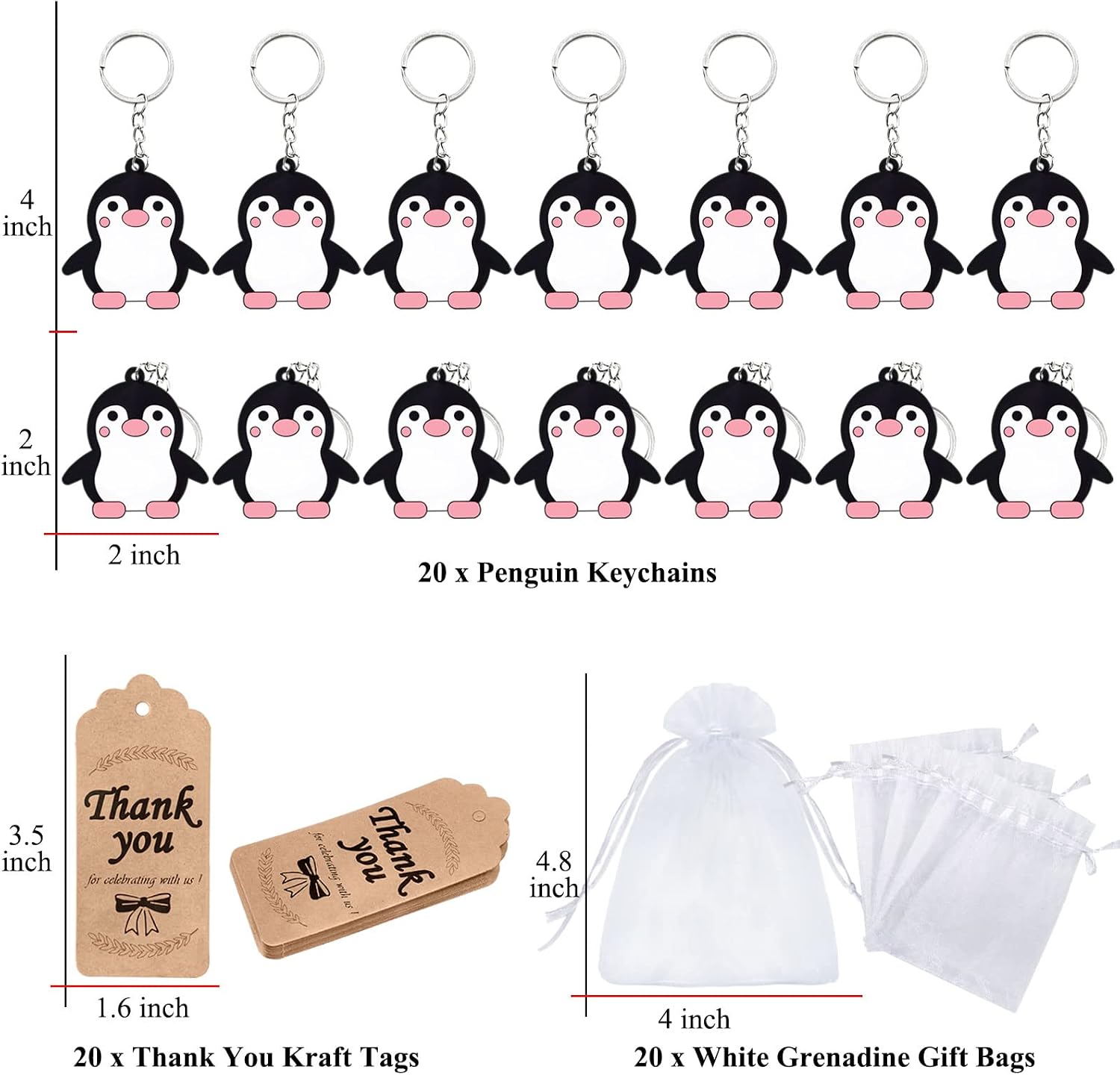 60 Pack Penguin Party Favors Include 20 Keychains,20 Thank You Tags and 20 Goodie Bags for Penguin Keychain Return Gift, Women Girls Birthday, Baby Shower, Goodie Bag Fillers