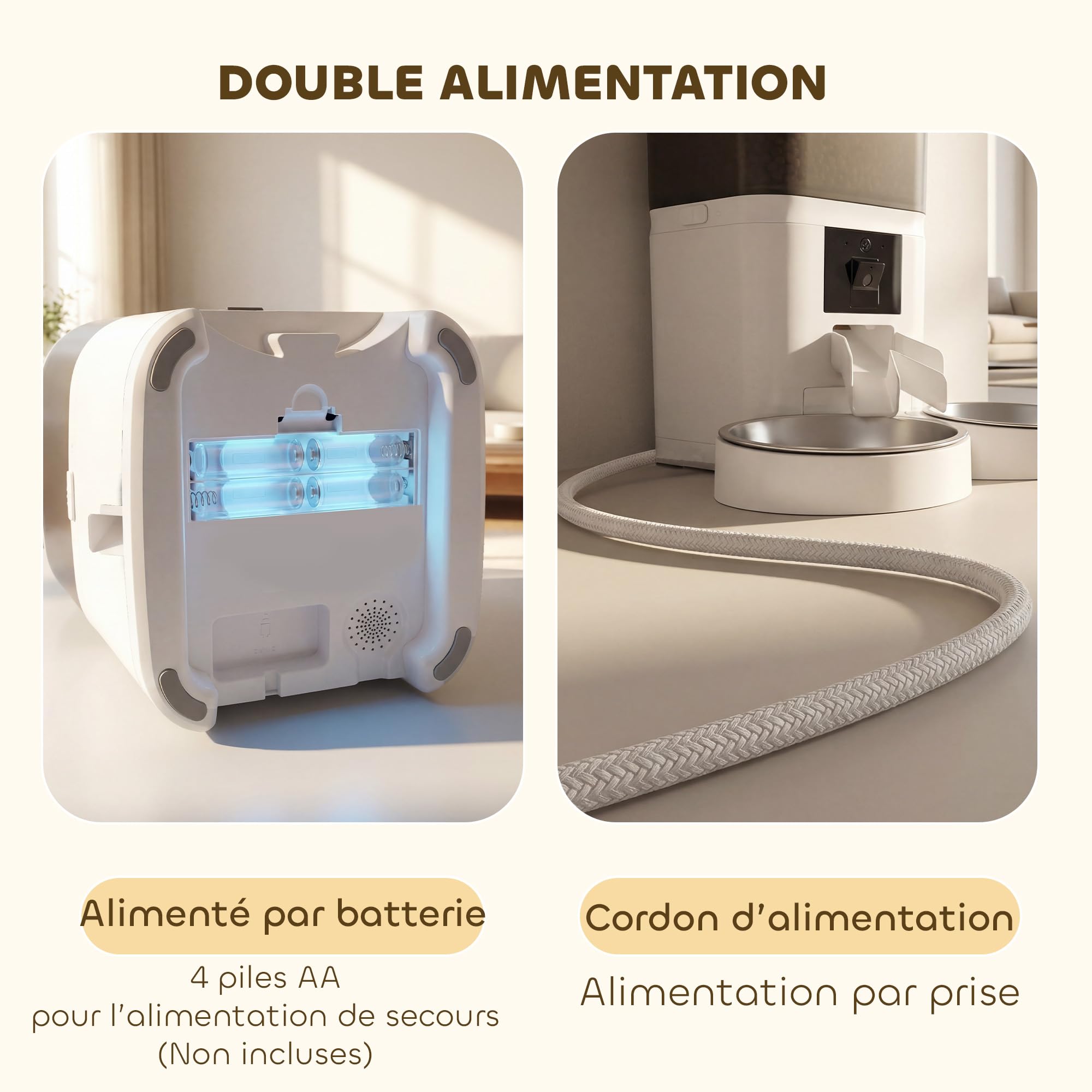 PawHut Distributeur Croquettes Chat Automatique - Mangeoire Chat 2 Animaux 6L avec Double Bol INOX - Gamelle Chat Connectée WiFi Tuya App pour Chien et Chat, Alimentation de Secours, Blanc
