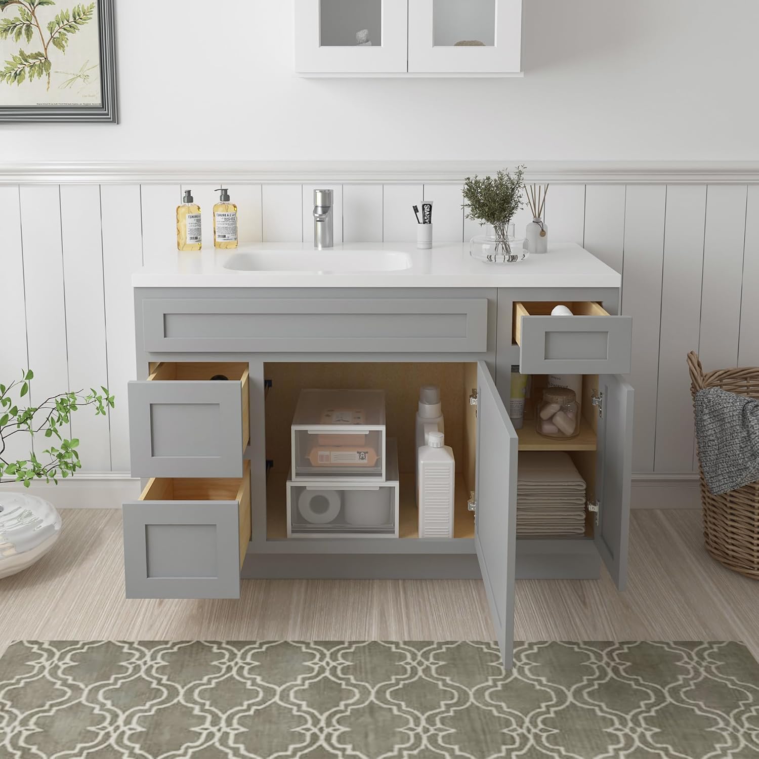 Vanity Art 48" Unassembled Bathroom Vanity with 2-Door 3-Drawer, Wood Bathroom Vanity Cabinet with Soft Closing Shaker Drawer, Sturdy Floor Mounted Cabinet Without Top VA4048-3-2L-G