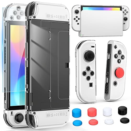 Upgraded Dockable Case for Nintendo Switch OLED, MENEEA Clear Protective Case for Nintendo Switch with Tempered Glass Screen Protector & 8 Thumb