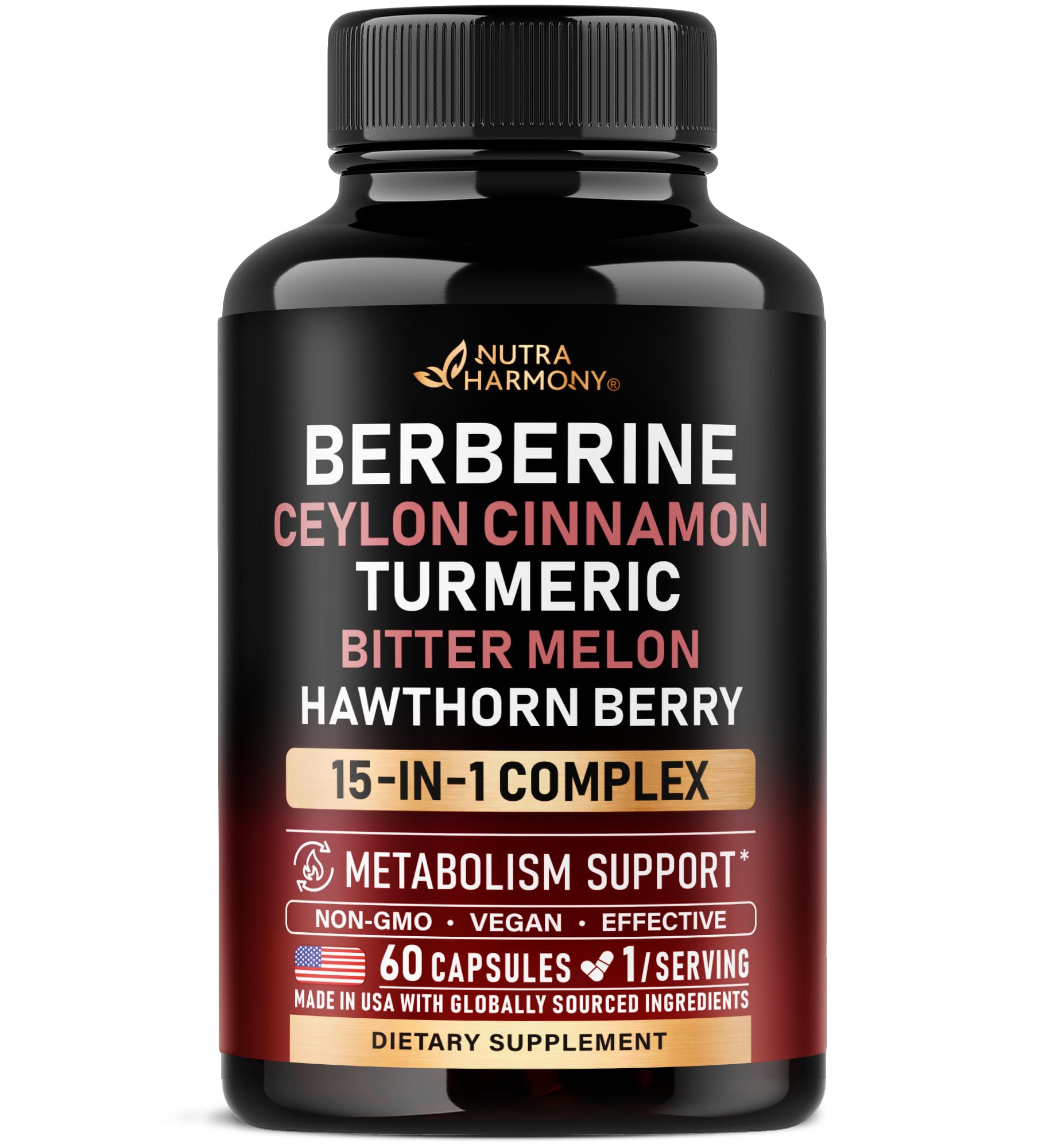 Berberine with Ceylon Cinnamon | Bitter Melon (Karela) | Apple Cider Vinegar | Hawthorn Berry | Citrus Bergamot | Turmeric - 15-in-1 Supplement for Heart Metabolism & Energy Support - 60 Capsules