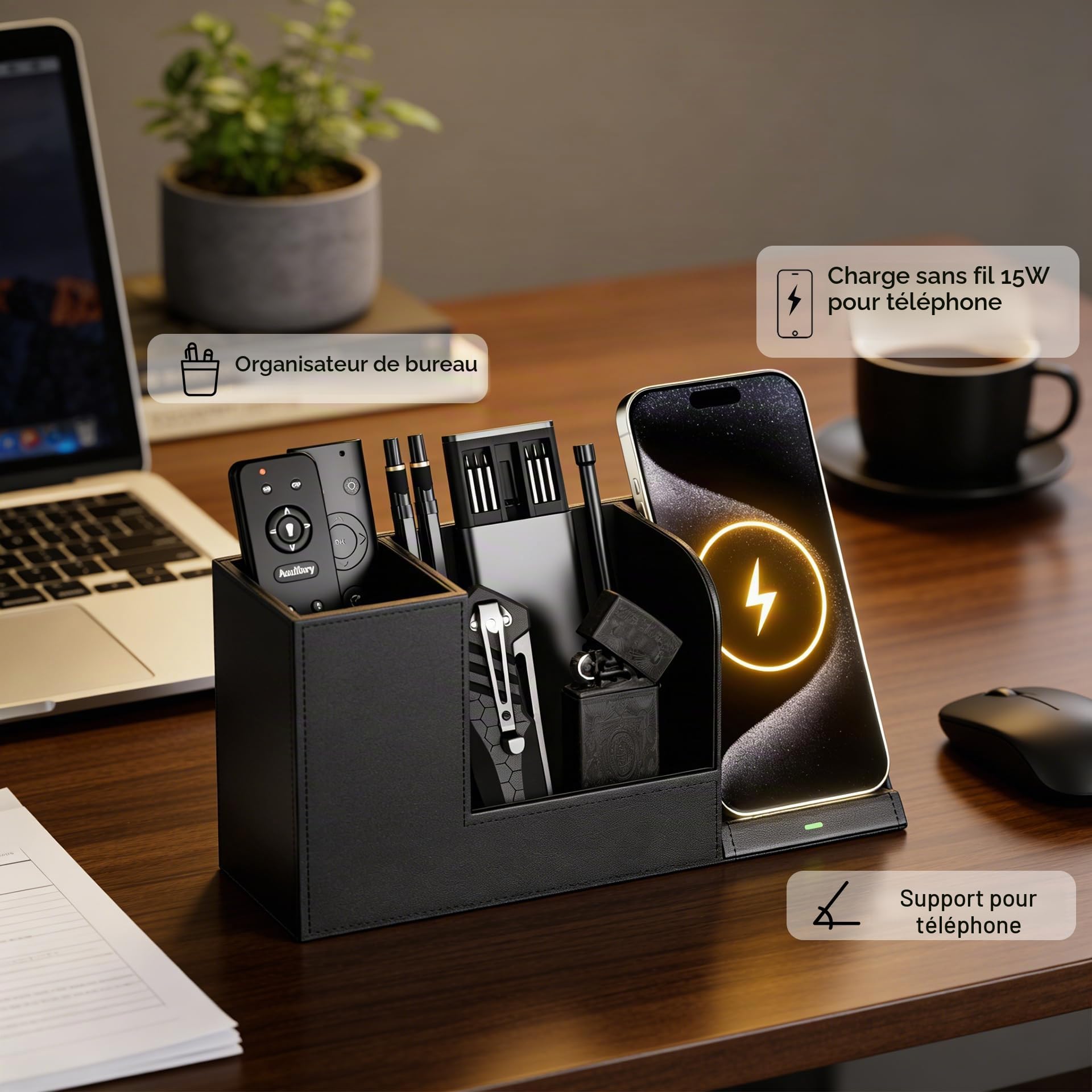 GORESE Organisateur de Bureau,Rangement Bureau avec Chargeur Sans Fil Rapide en Cuir Pot a Crayon Fourniture Bureau Pot Stylo Station de Charge 15w pour iphone 17 16 15 Pro Max Samsung Galaxy S23/S22