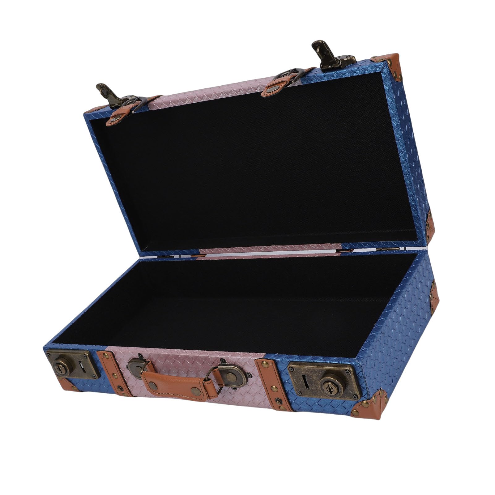 Baúl Decorativo, Cofre De Maleta De Madera Compuesta De Cuero De PU con Patrón Tejido Rosado Azul, Accesorio De Fotografía De Exhibición para Almacenamiento En El Hogar, (S)