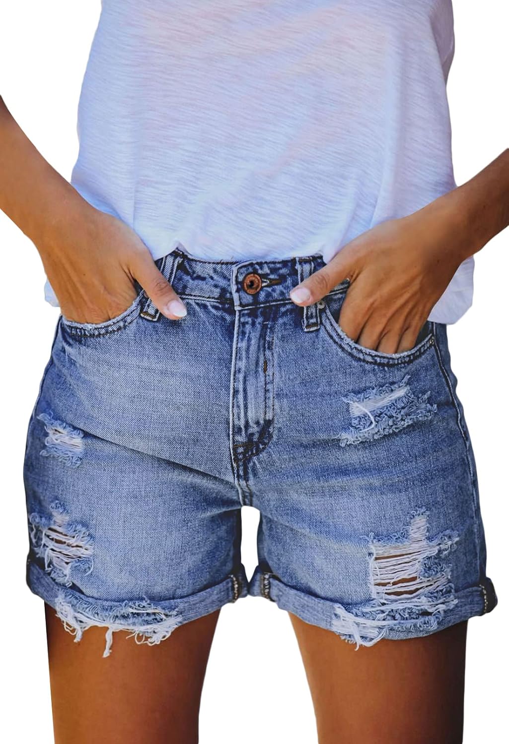 HUUSA Women's Ripped Denim Shorts High Waist Distressed Jean Shorts Casual Rolled Hem Frayed Short Jeans with Pockets - Image 2