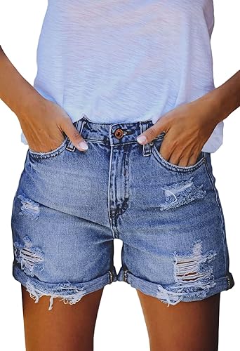 Miniatura 2 de HUUSA Pantalones cortos de mezclilla rasgados para mujer, cintura alta, desgastados, casuales, dobladillo enrollado, pantalones cortos con bolsillos