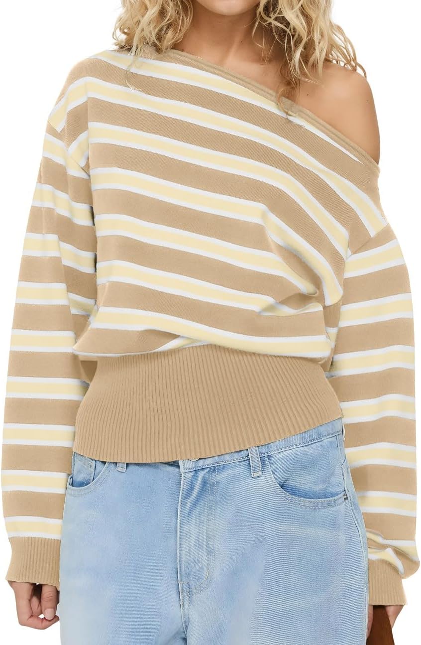 Cioatin Women One Off Shoulder Striped Crop Sweater Asymmetric Long Sleeve Loose Pullover Y2K Cute Knitwear Tops Fall Outfits