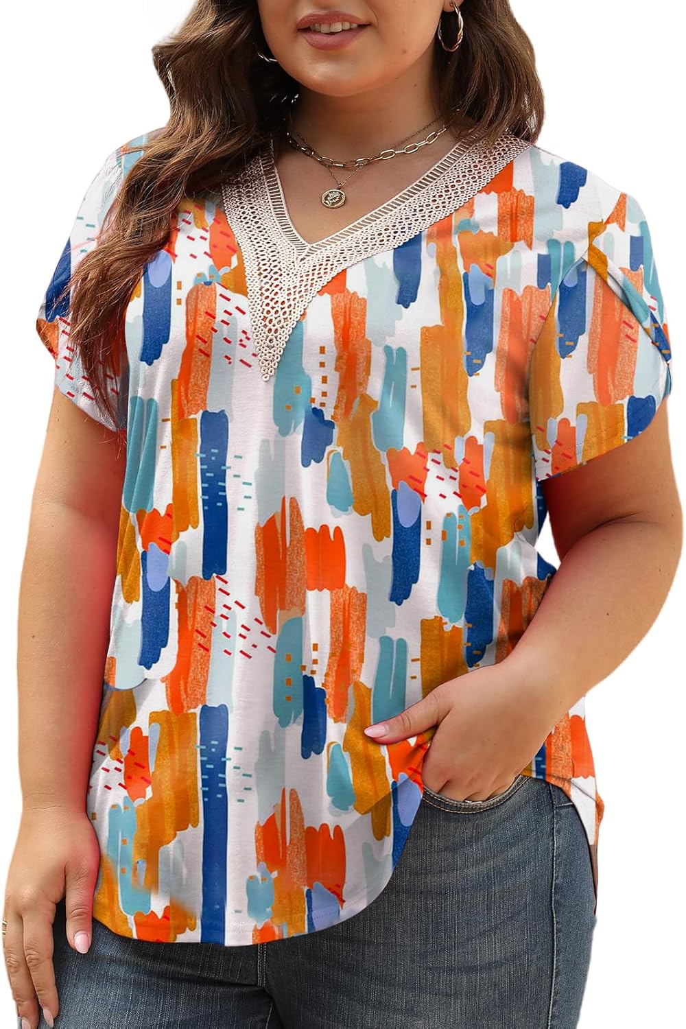 VOGRACE Plus-Size-Womens-Summer-Tops Lace Trim V Neck T Shirts Petal Short Sleeve Tunics Trendy Going Out Blouses XL-5XL - Image 2