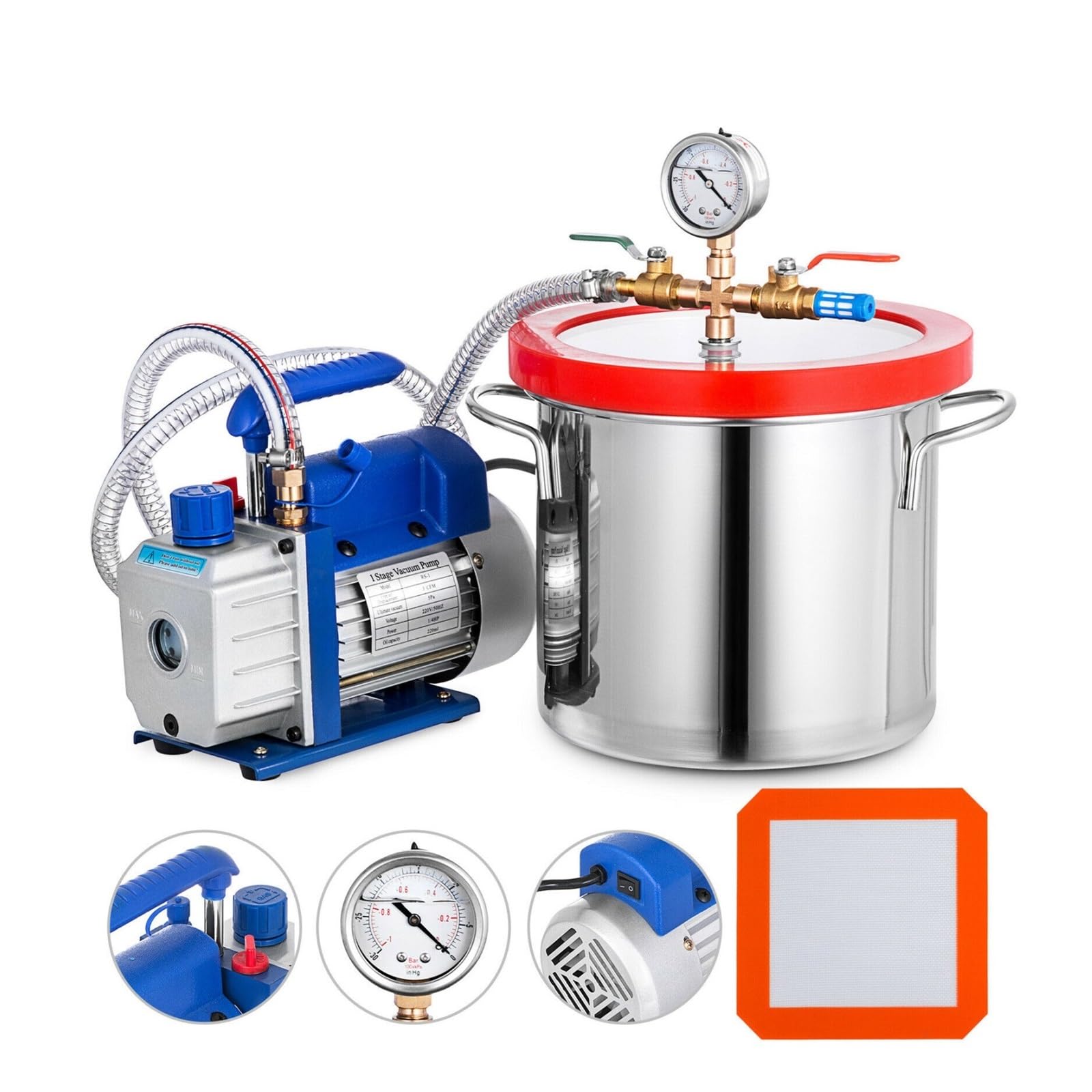 CUDTAPI Vacuum Pump, 2 Gallon Chamber Kit 3CFM Vacuum Pump 1/4HP Controlled Degassing Gauge For Household Air Conditioning Refrigerant