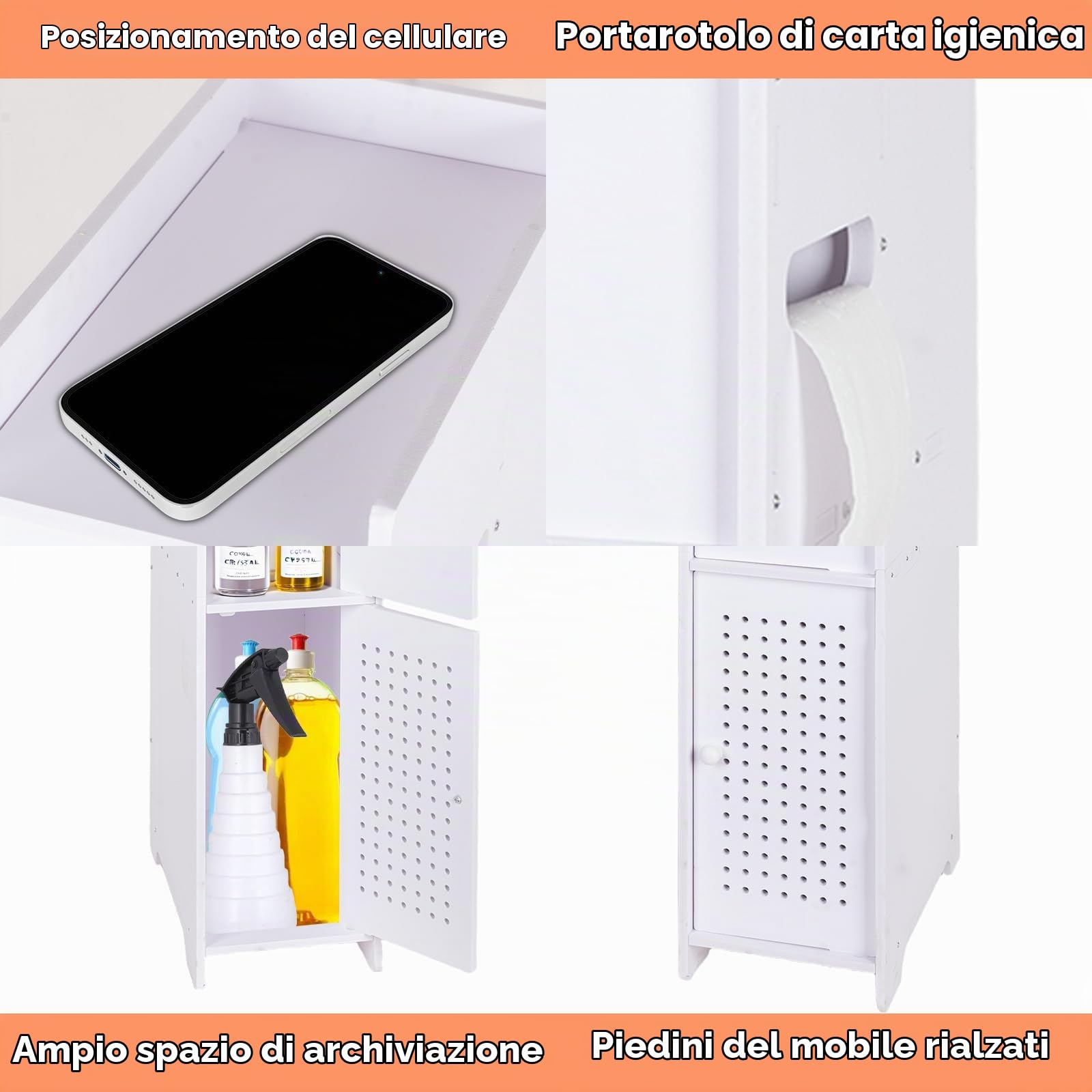 powerking Supporto per carta igienica, piccolo armadio da bagno bianco con porte, armadio da bagno sottile per piccoli spazi Piano angolare