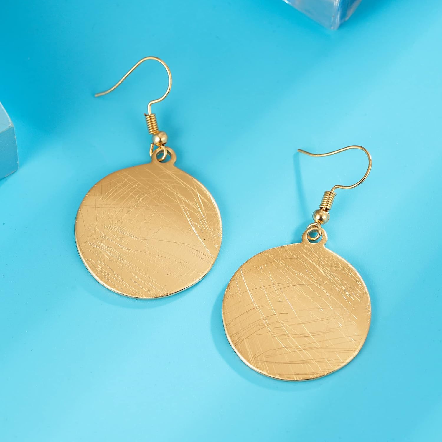 SUNLAND Handmade Teardrop Earrings with Brushed Finished Dangle Earring Brushed Gold Silver Rose Gold Colored Round Disc Shaped Drop Earring Hook Earring - Image 6