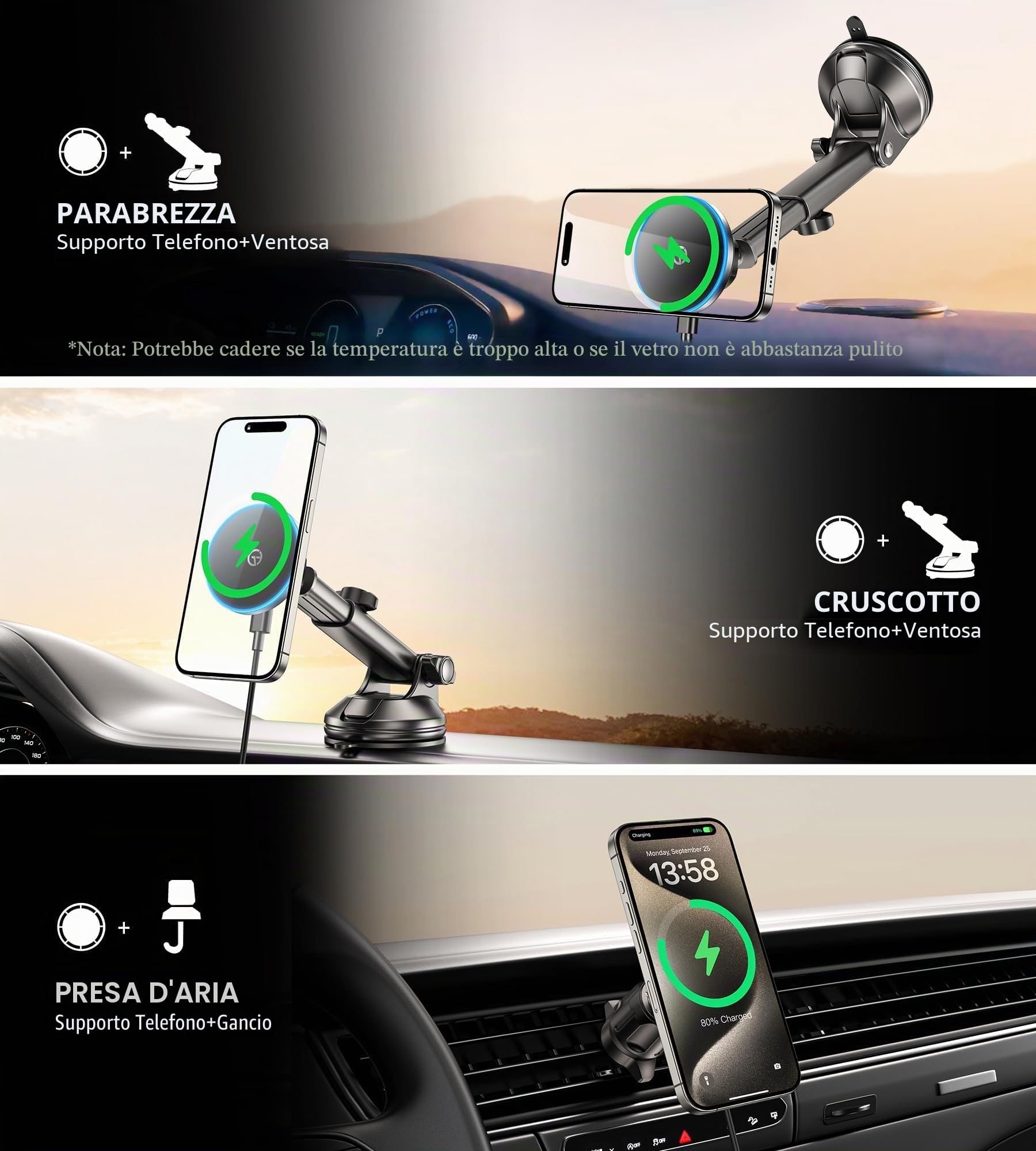 Caricatore Auto Magsafe con【Luce LED】per L'allineamento Notturno Supporto Telefono Auto Magnetico, per il Parabrezza Cruscotto Prese d'aria, per i-Phone 17 16 15 14 13 12 Serie