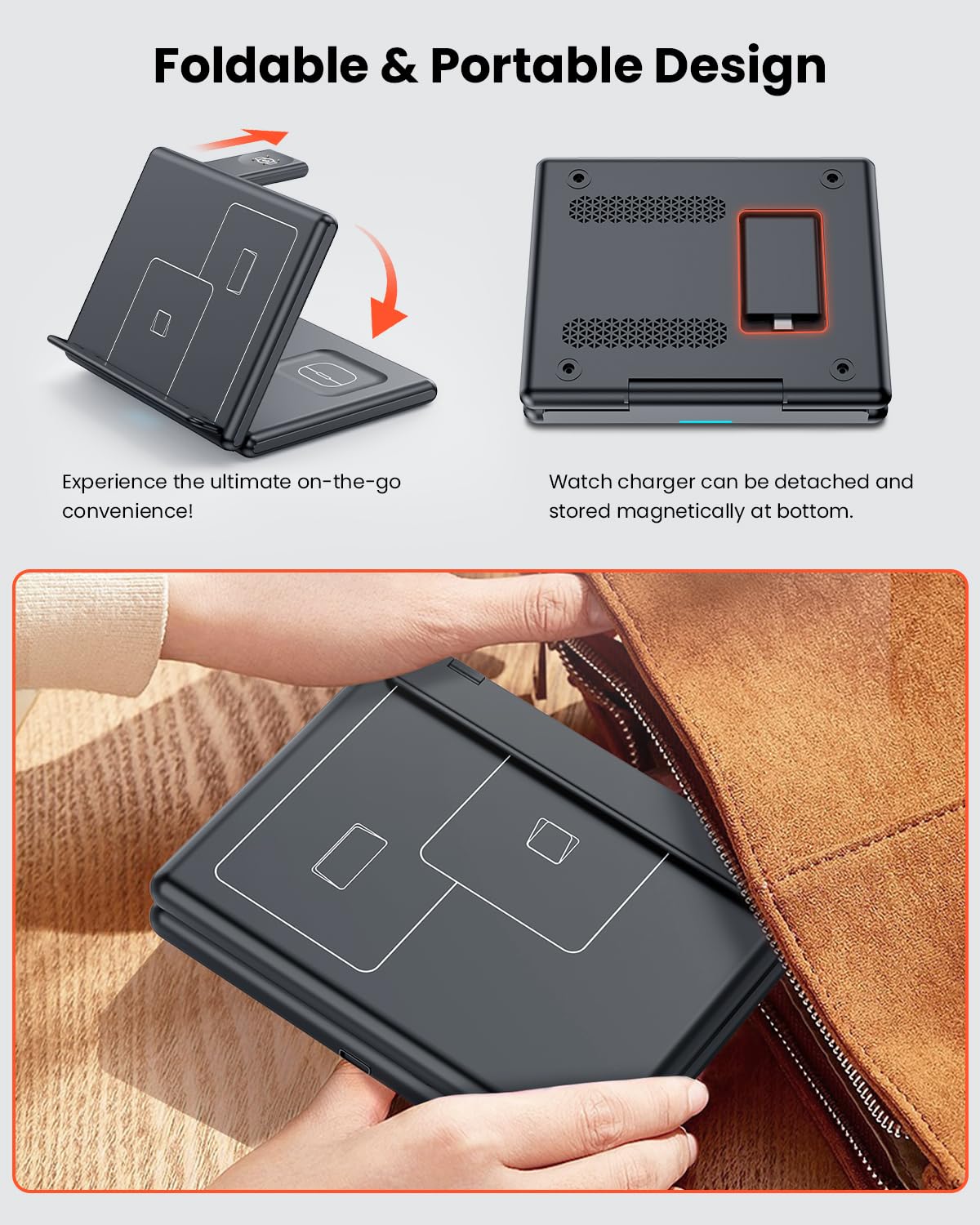 GEEKERA Station de charge inductive 3 en 1 pliable pour Samsung Z Fold/Flip - Chargeur sans fil pour Fitbit Sense/Versa - Chargeur à induction pour Galaxy Buds-Carbon - Noir