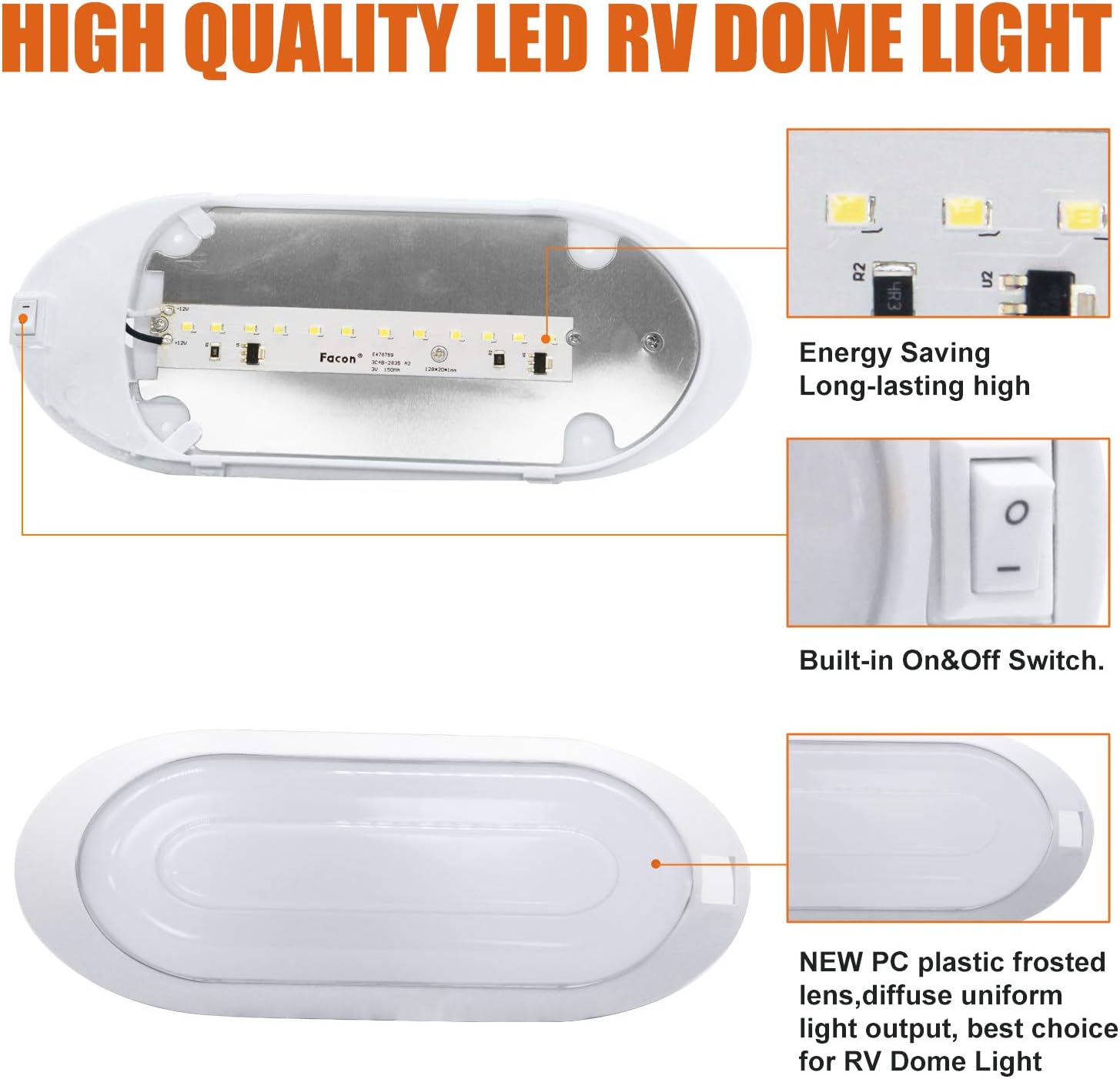 Facon LED 12V Bright Pancake Light with Pop Up Male Plug and Holding Bracket, 12V DC Interior Light with On/Off Switch for RV Motorhomes Camper Caravan Trailer Boat