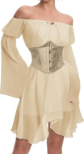 Vestido de corsé de dos piezas para mujer, hombros descubiertos, manga acampanada, para fiesta, vintage, vestidos de hada Cottagecore