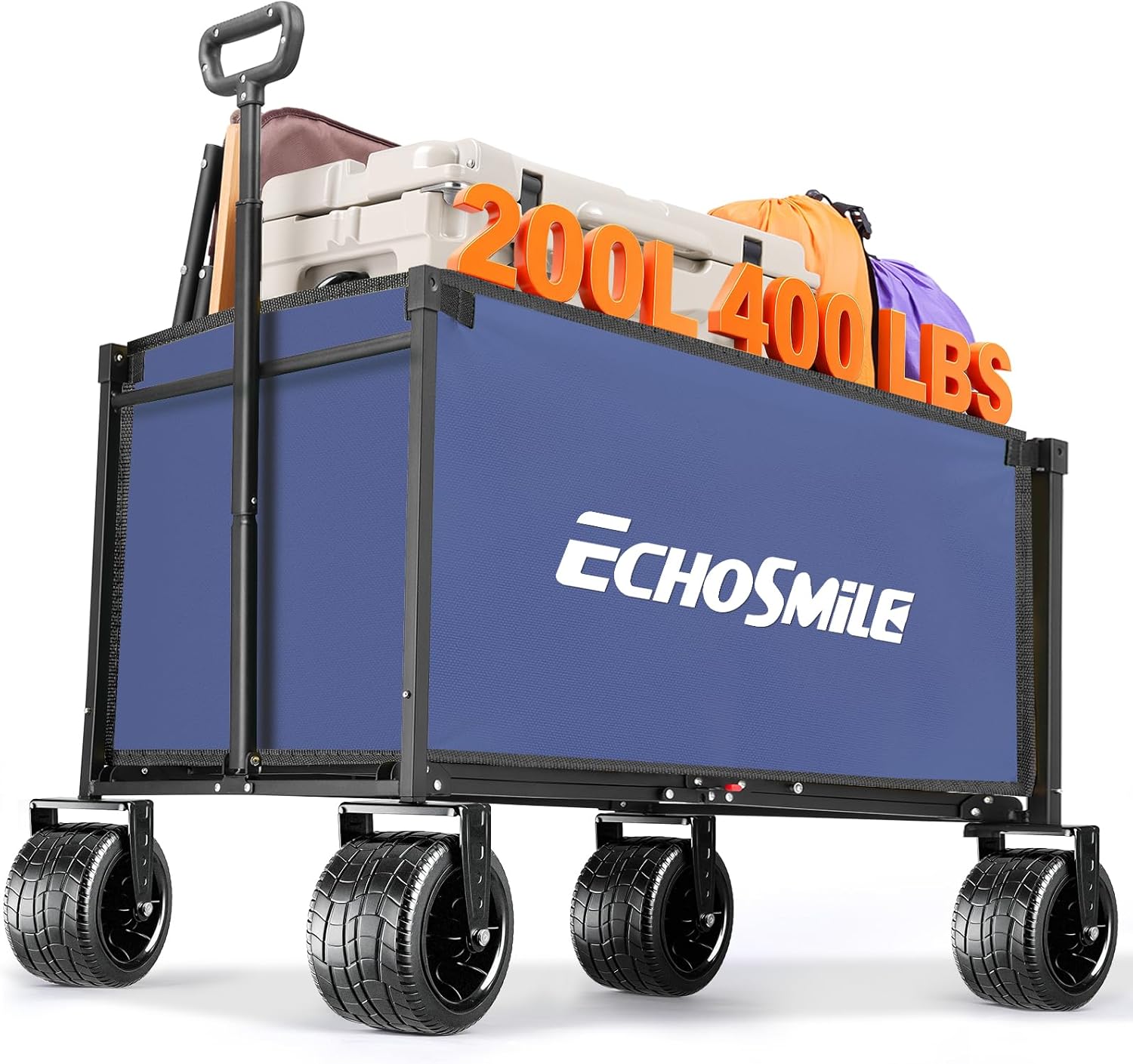 EchoSmile Collapsible Wagon Cart for Camping & Beach - Heavy Duty 400lbs Capacity All-Terrain Cart with Wide Wheels, Portable Folding Utility Wagon for Grocery, Garden, Sports,Blue&Orange