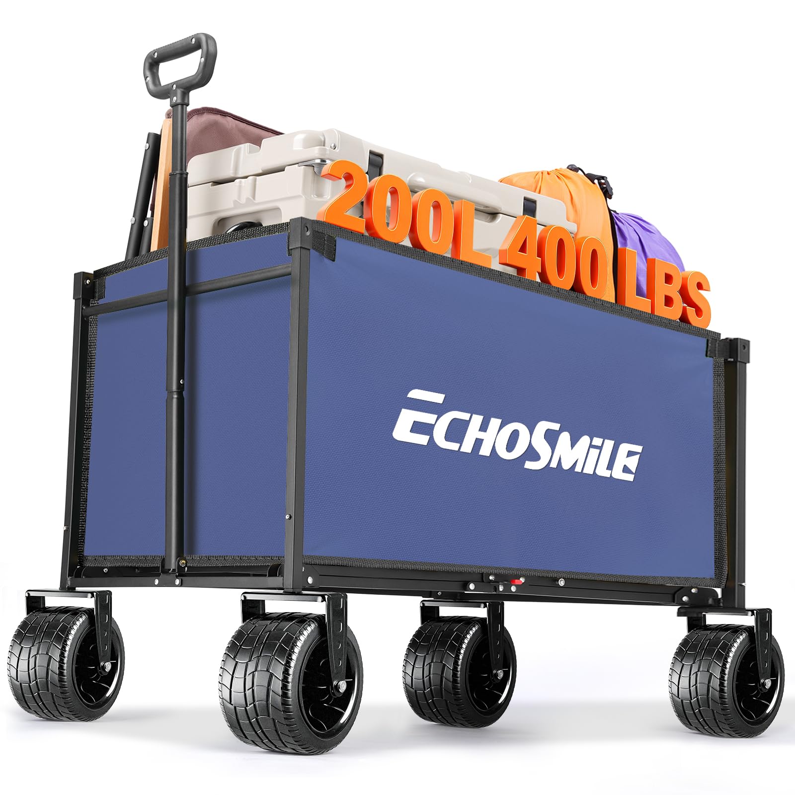 EchoSmile Carro Plegable de 200L 180 kg, Carro de Mano, Carro de Transporte, Carrito con Mango Ajustable, Ruedas Anchas, Todo Terreno, de Playa Camping Jardín Compras (Azul)