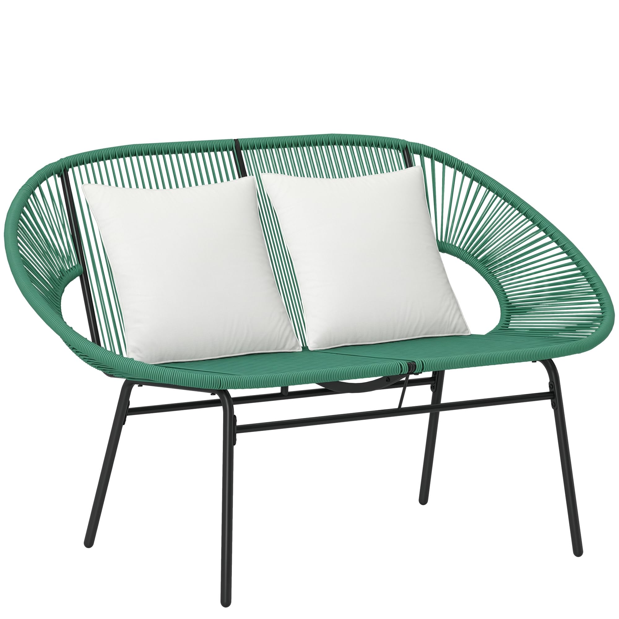 Outsunny Sofá de jardín de 2 plazas en ratán PE, sofá de Exterior con Cojines, reposabrazos y Estructura de Acero, Banco de Exterior, para terraza y Patio, 132 x 72 x 83 cm, Verde Oscuro