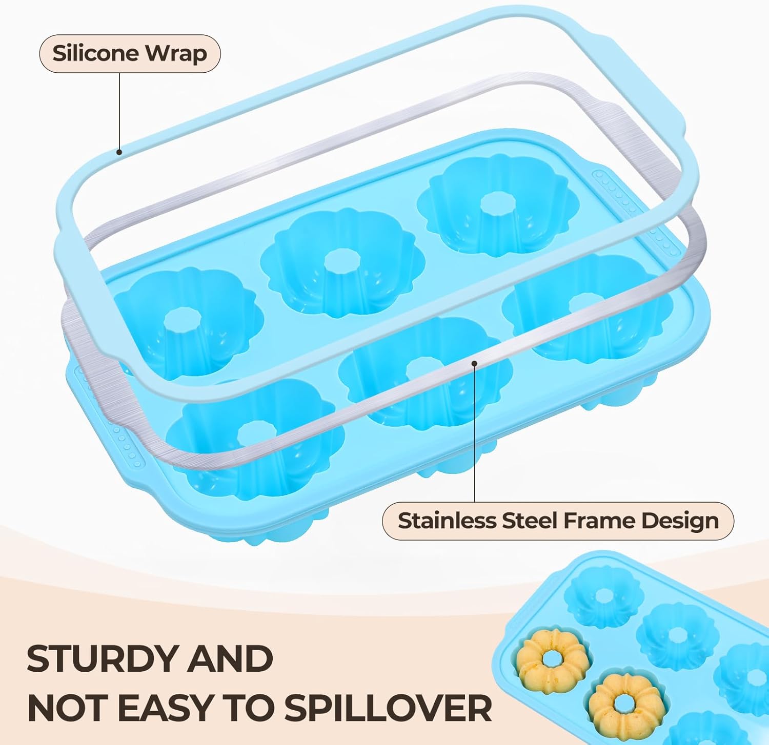 FUNBAKY Mini Fluted Tube Cake Pans & Silicone Muffin Pans with Metal Reinforced Frame