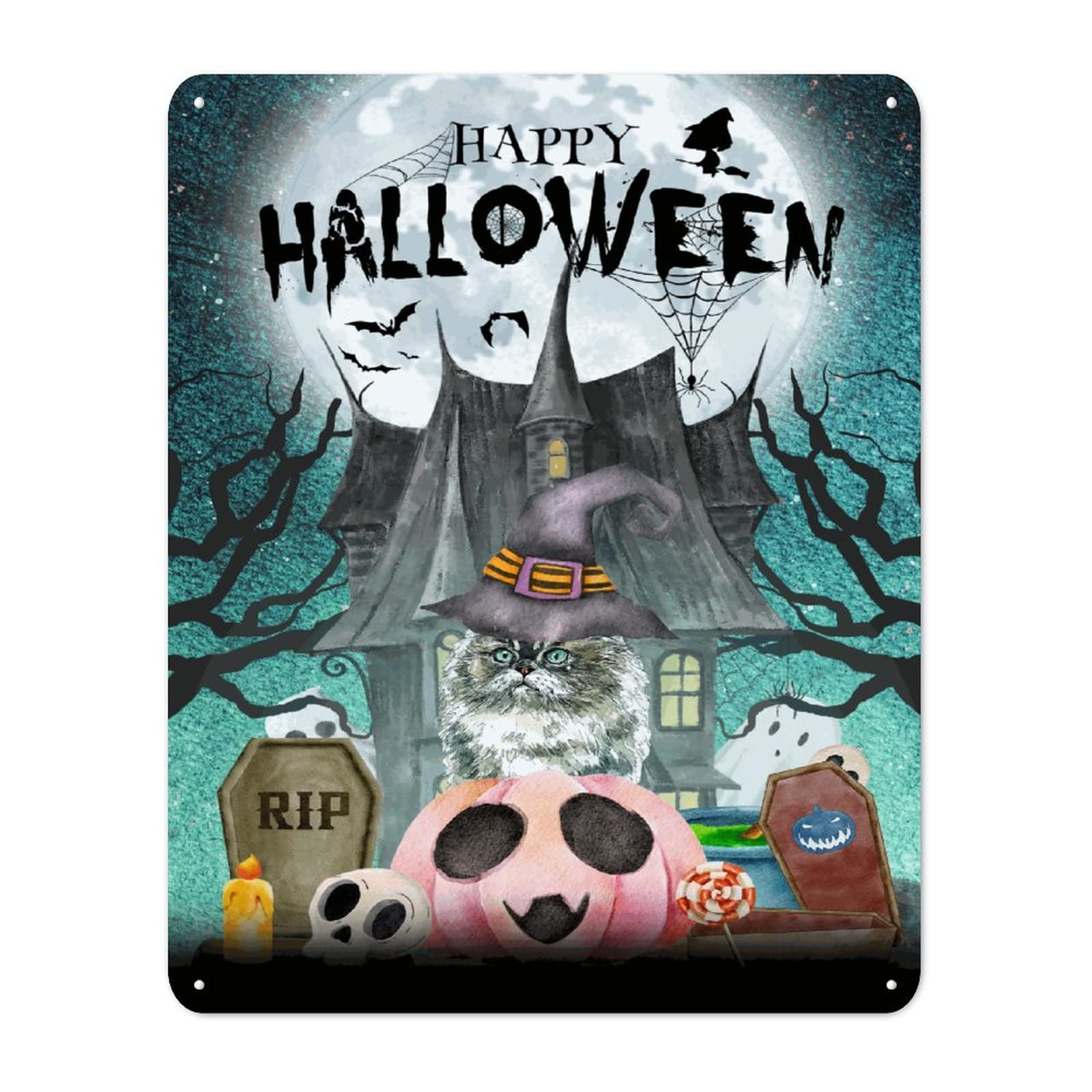 Panneau métal Halloween chat et citrouille 30x40 cm pour décoration murale de fête