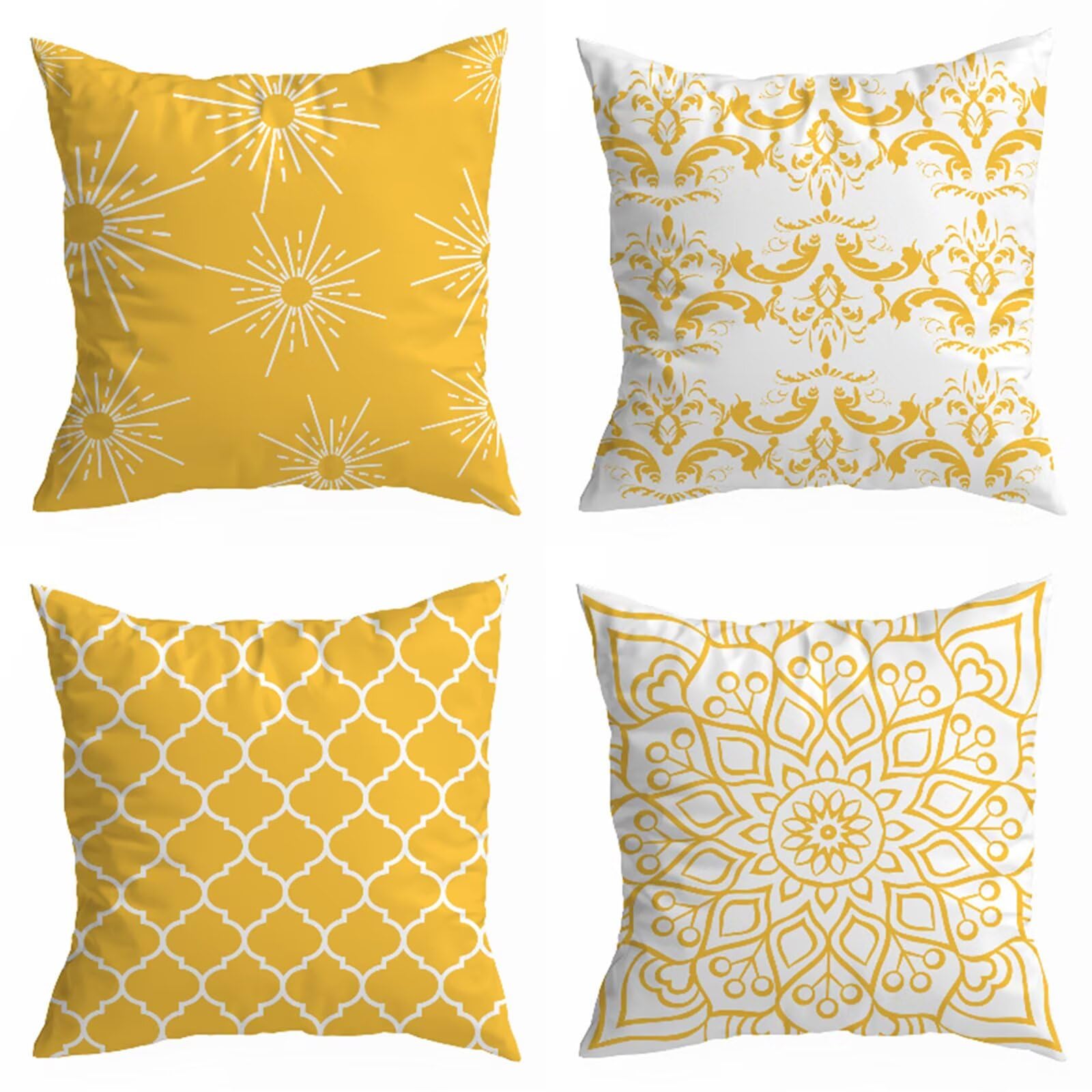Juego de 4 Funda Cojin 70x70cm Fundas Cojines Sofa Amarillo Doble Cara Suave Cojines Exterior Impermeable Mandala Cuadrado Funda de Almohada para Sofá Coche Cama Sillas Cojines Decorativos S-9129