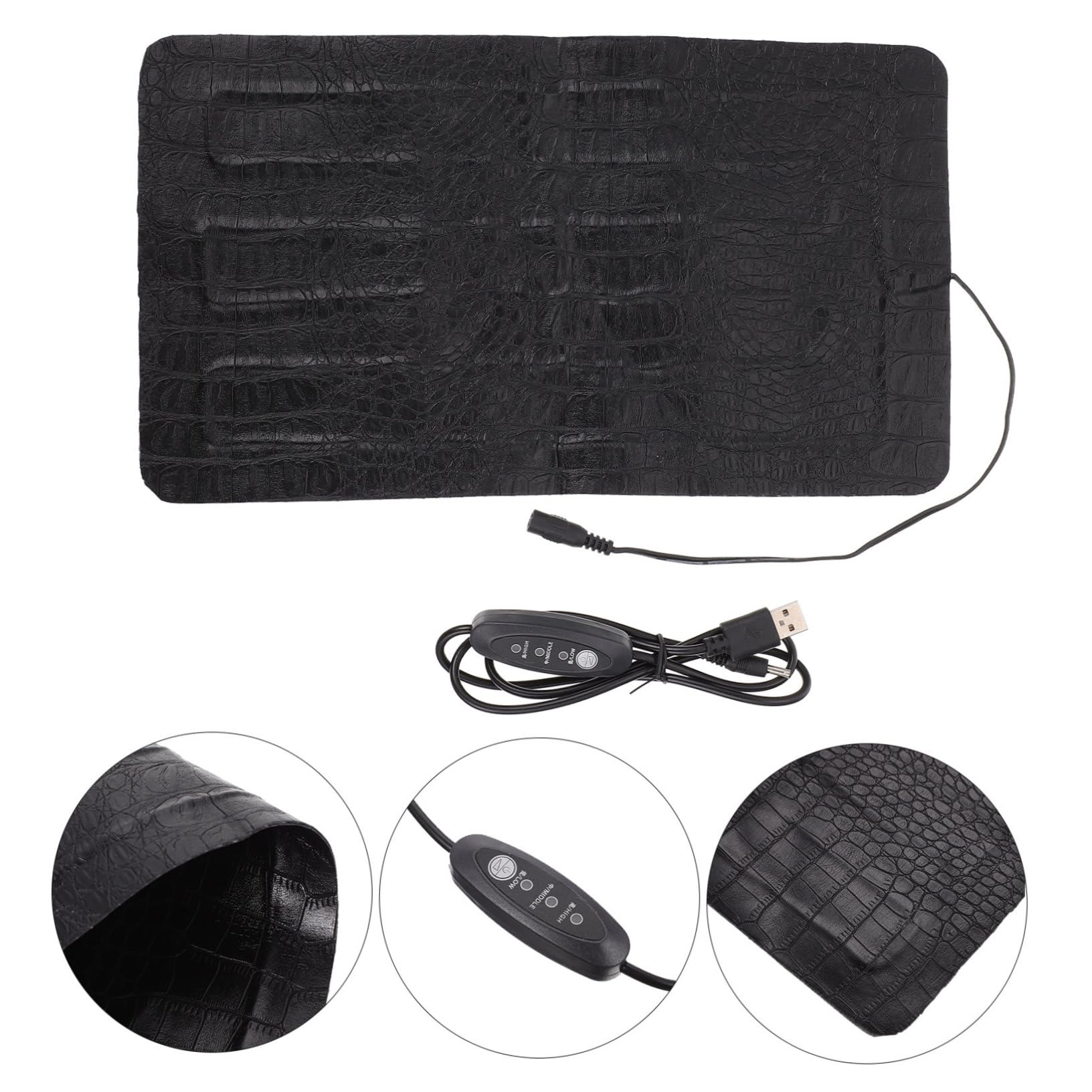 Tappetino Riscaldante per Rettili USB 3 Livelli di Temperatura, Materiale in Ecopelle Nera, Portatile e Adatto per Animali Piccoli e Terrari all’Aperto